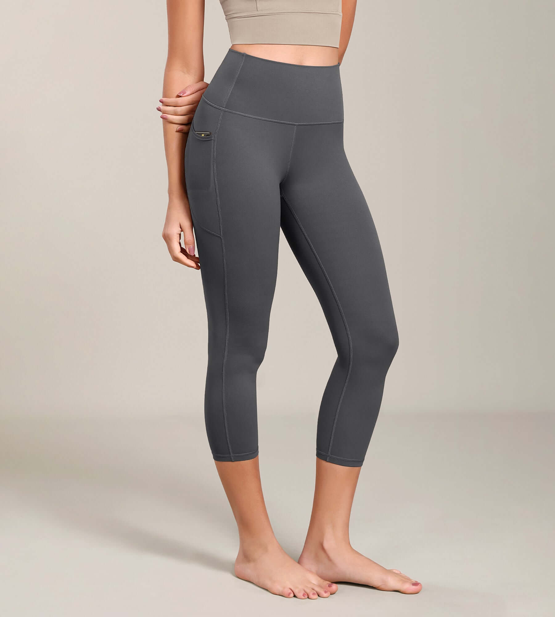 Odcloud Lounge Yoga 21" High Waist Capris Leggings with Pockets Charcoal - ododos