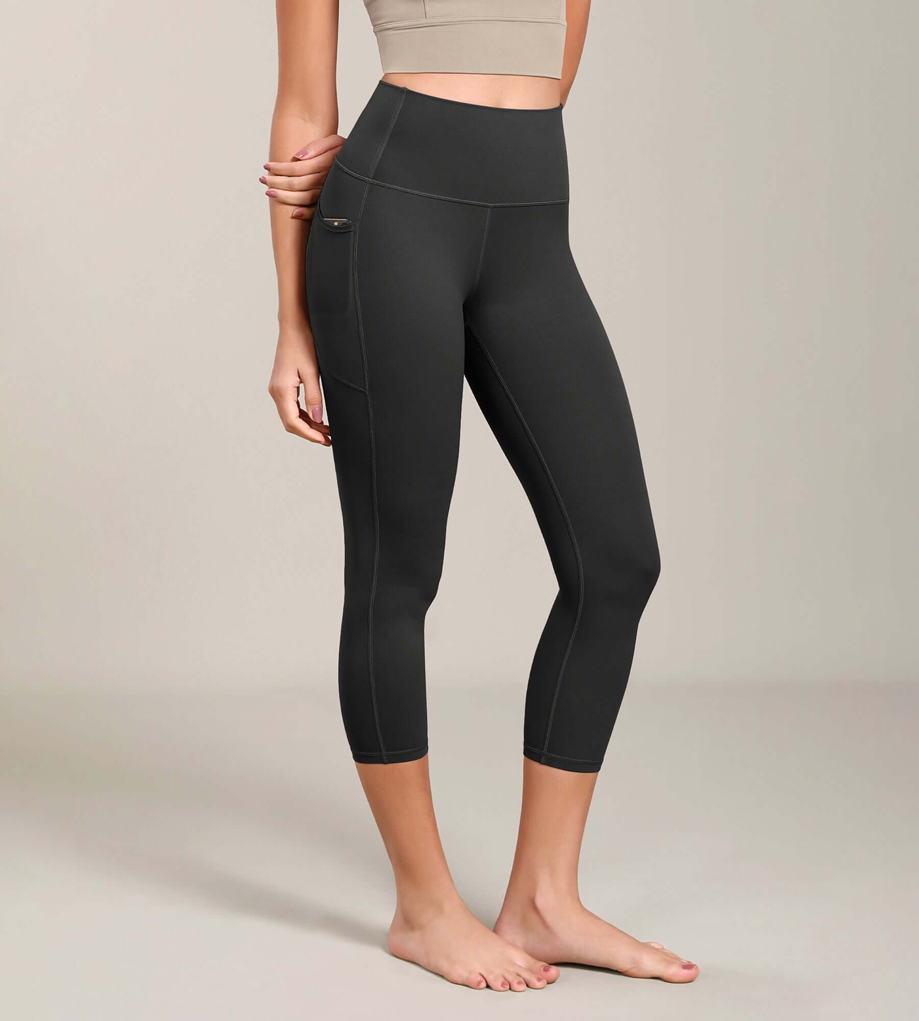 Odcloud Lounge Yoga 21" High Waist Capris Leggings with Pockets Onyx Black Grey - ododos