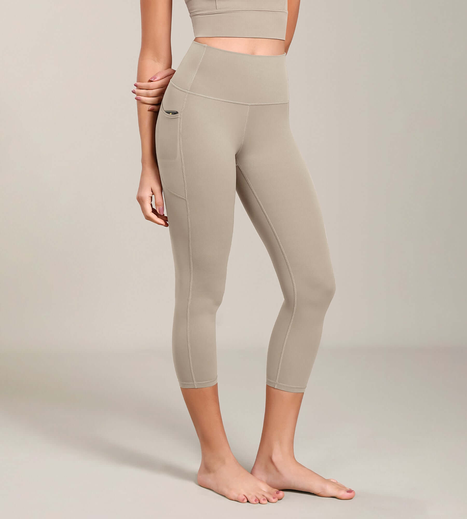 Odcloud Lounge Yoga 21" High Waist Capris Leggings with Pockets Shaker Beige - ododos