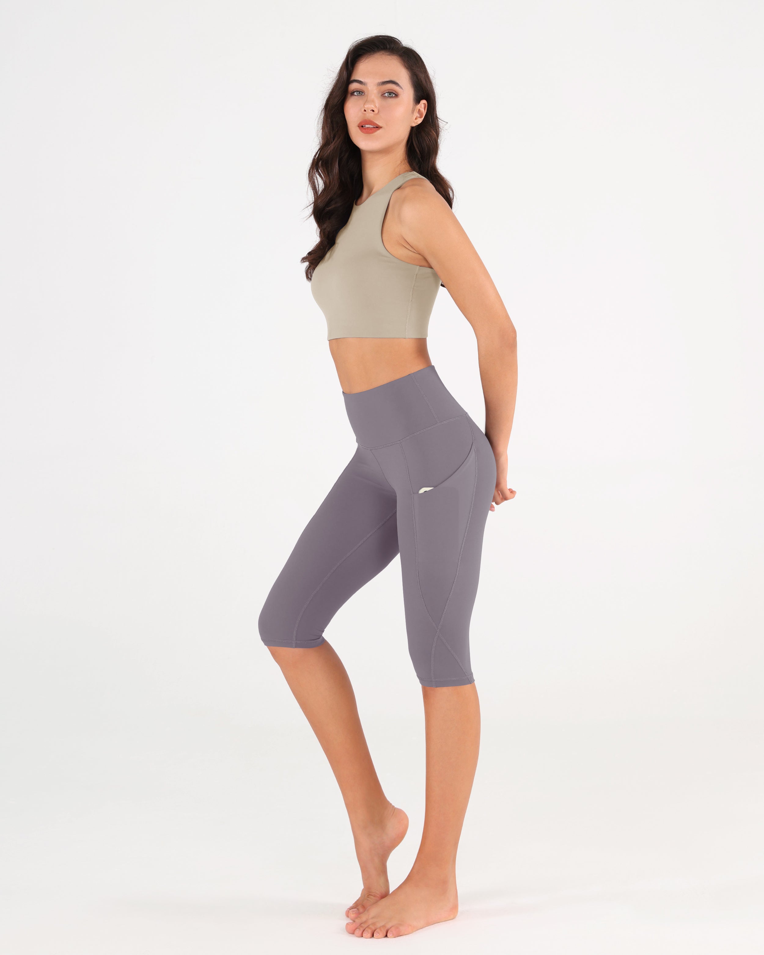 High Waist Knee Length Cropped Leggings Ash Violet - ododos