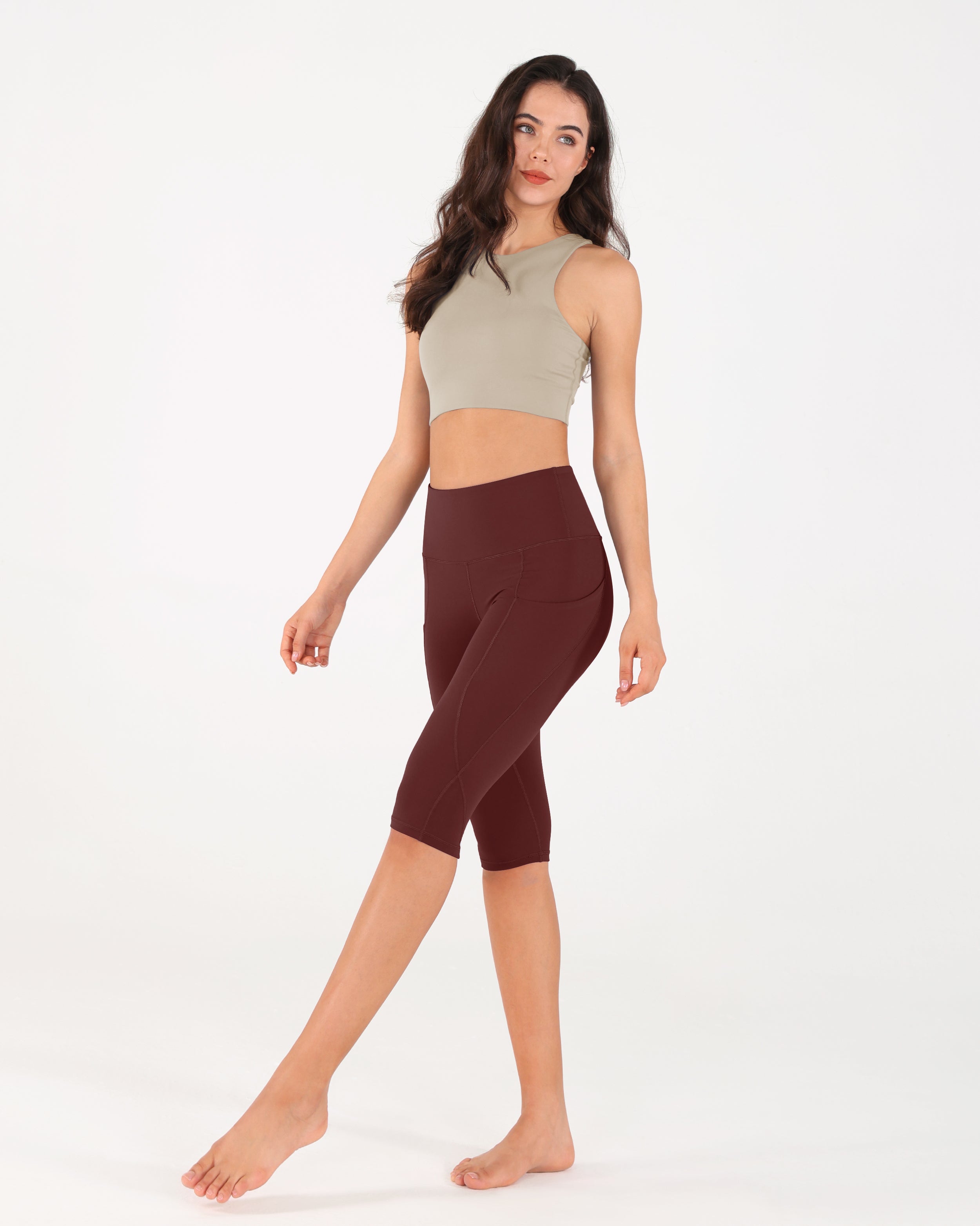 High Waist Knee Length Cropped Leggings Burgundy - ododos