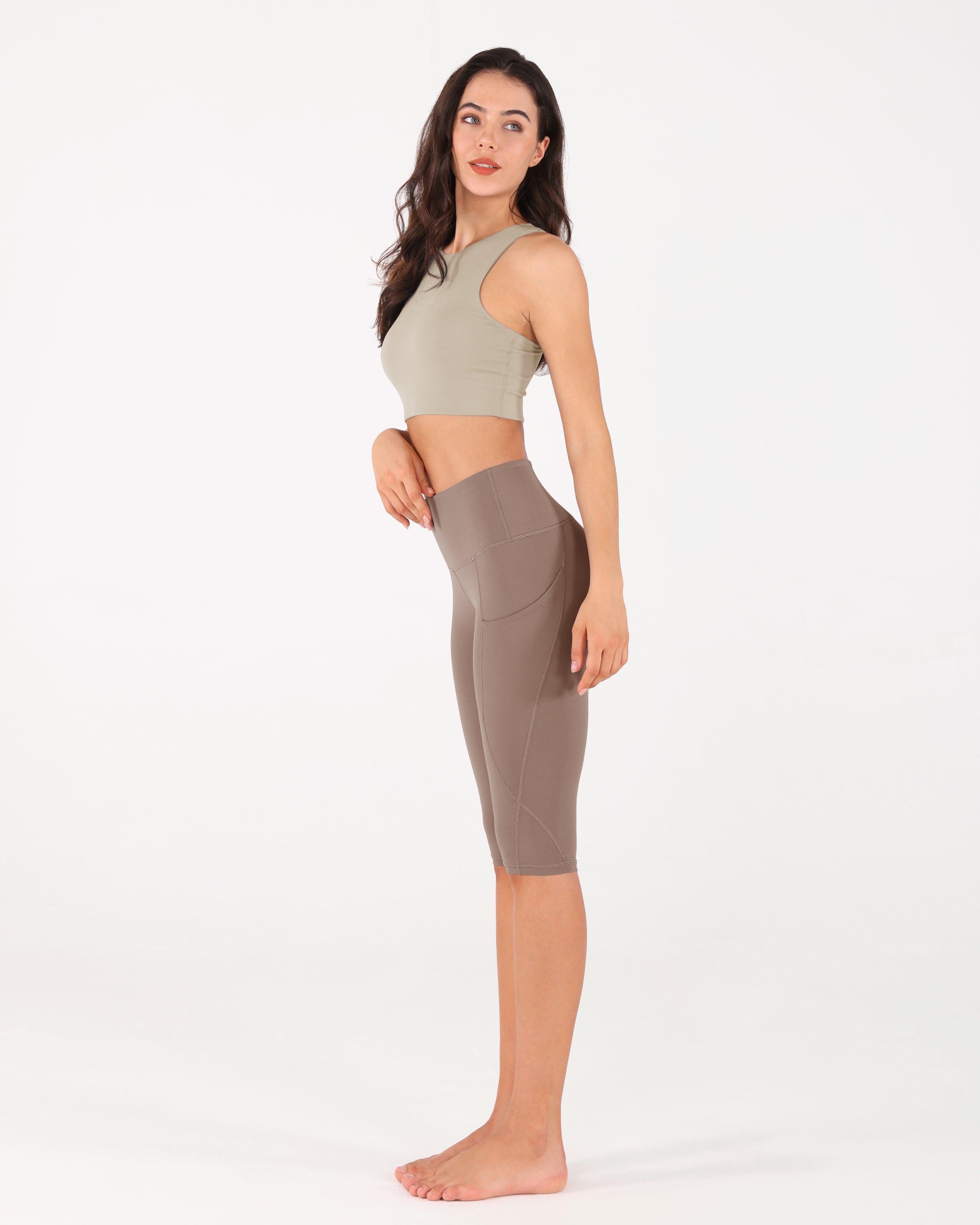 High Waist Knee Length Cropped Leggings Purple Taupe - ododos