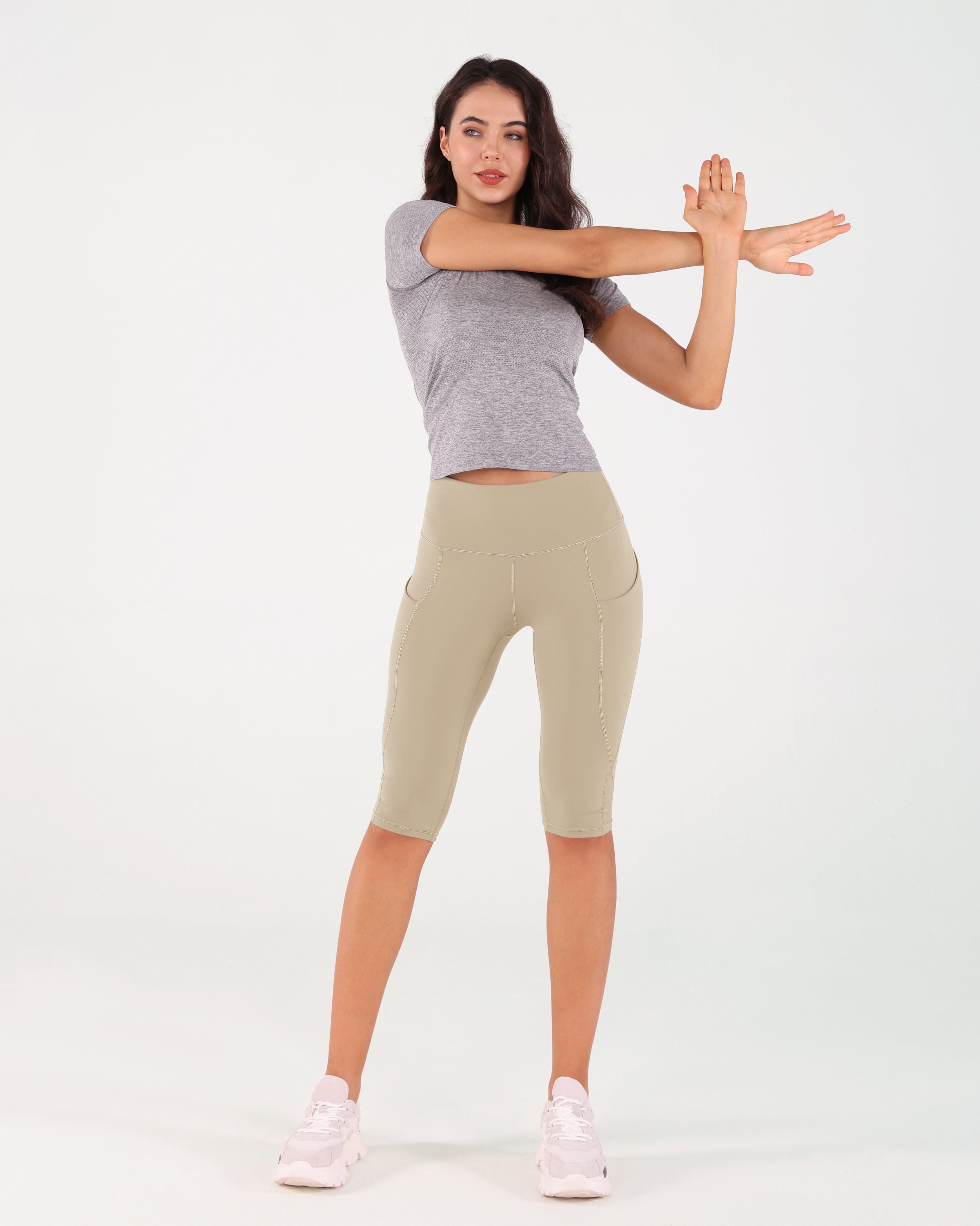 High Waist Knee Length Cropped Leggings Taupe - ododos