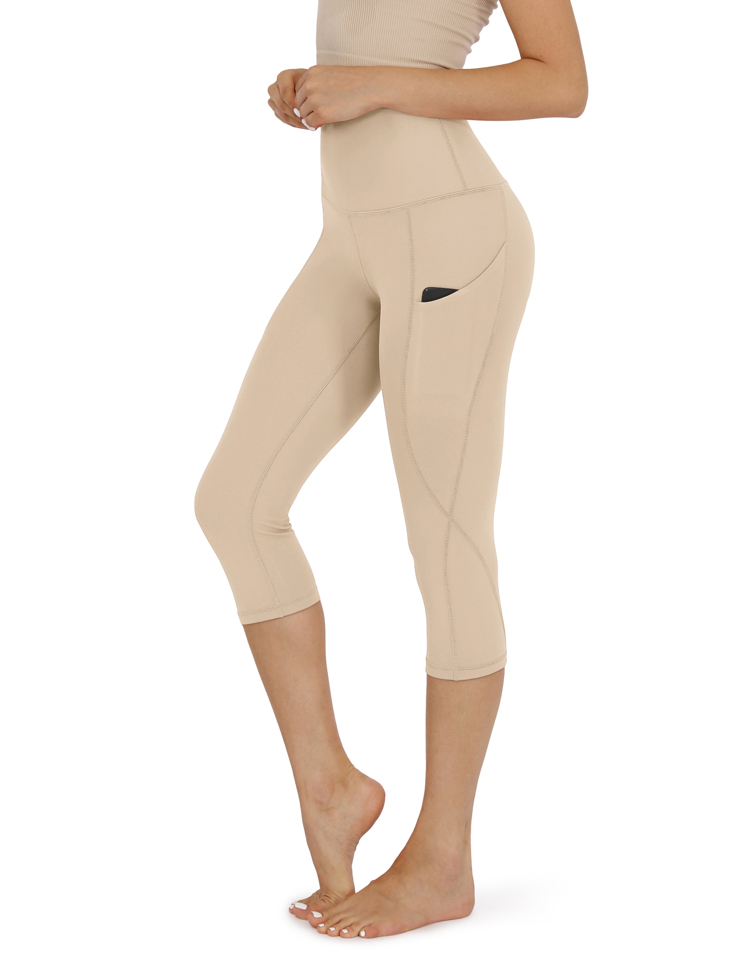 19" High Waist Yoga Capris with Pockets Beige - ododos