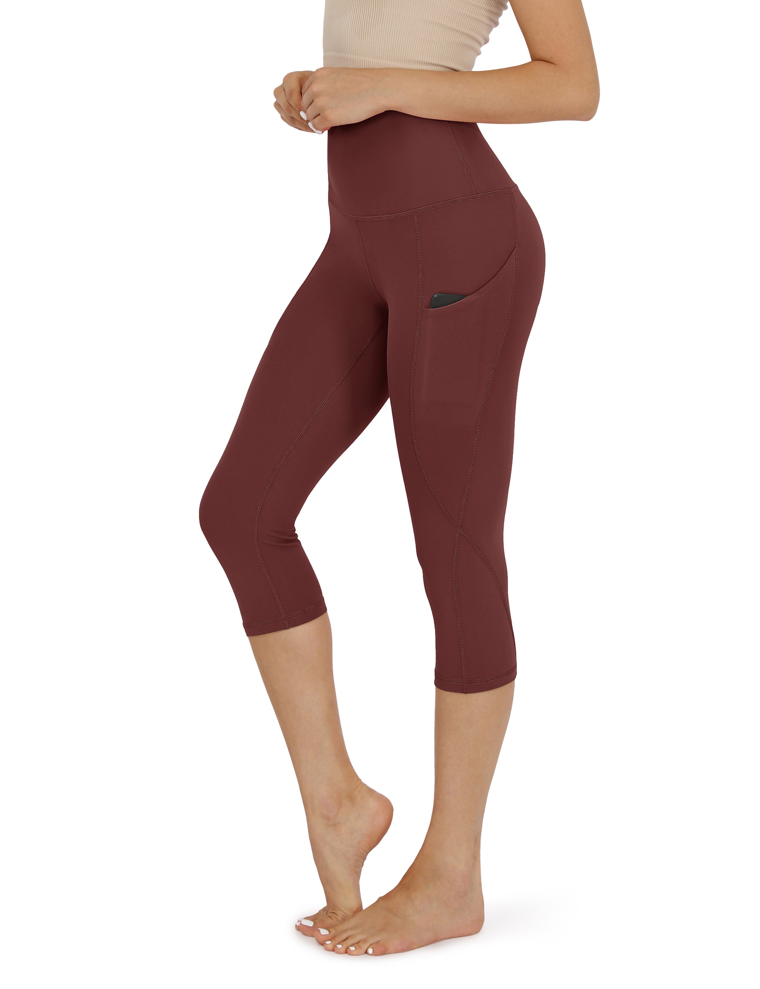 19" High Waist Yoga Capris with Pockets Burgundy - ododos
