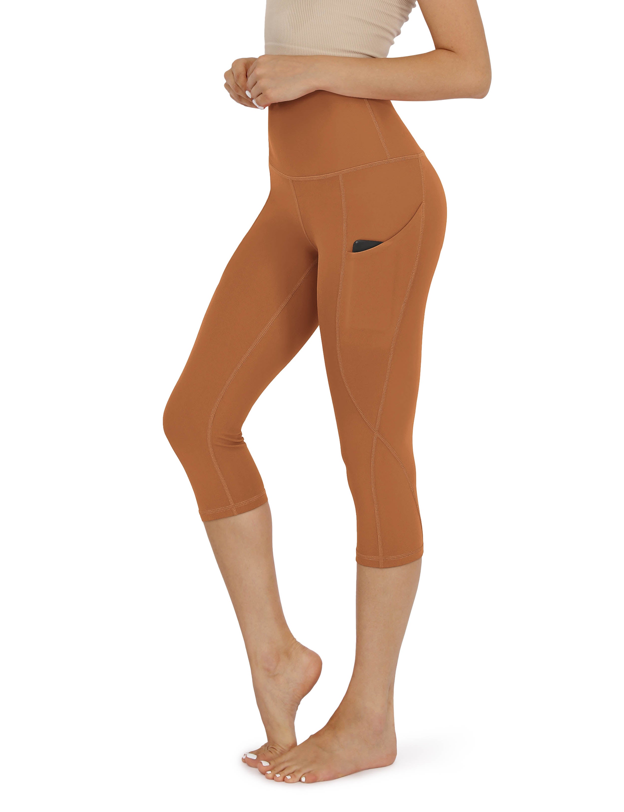 19" High Waist Yoga Capris with Pockets Caramel - ododos