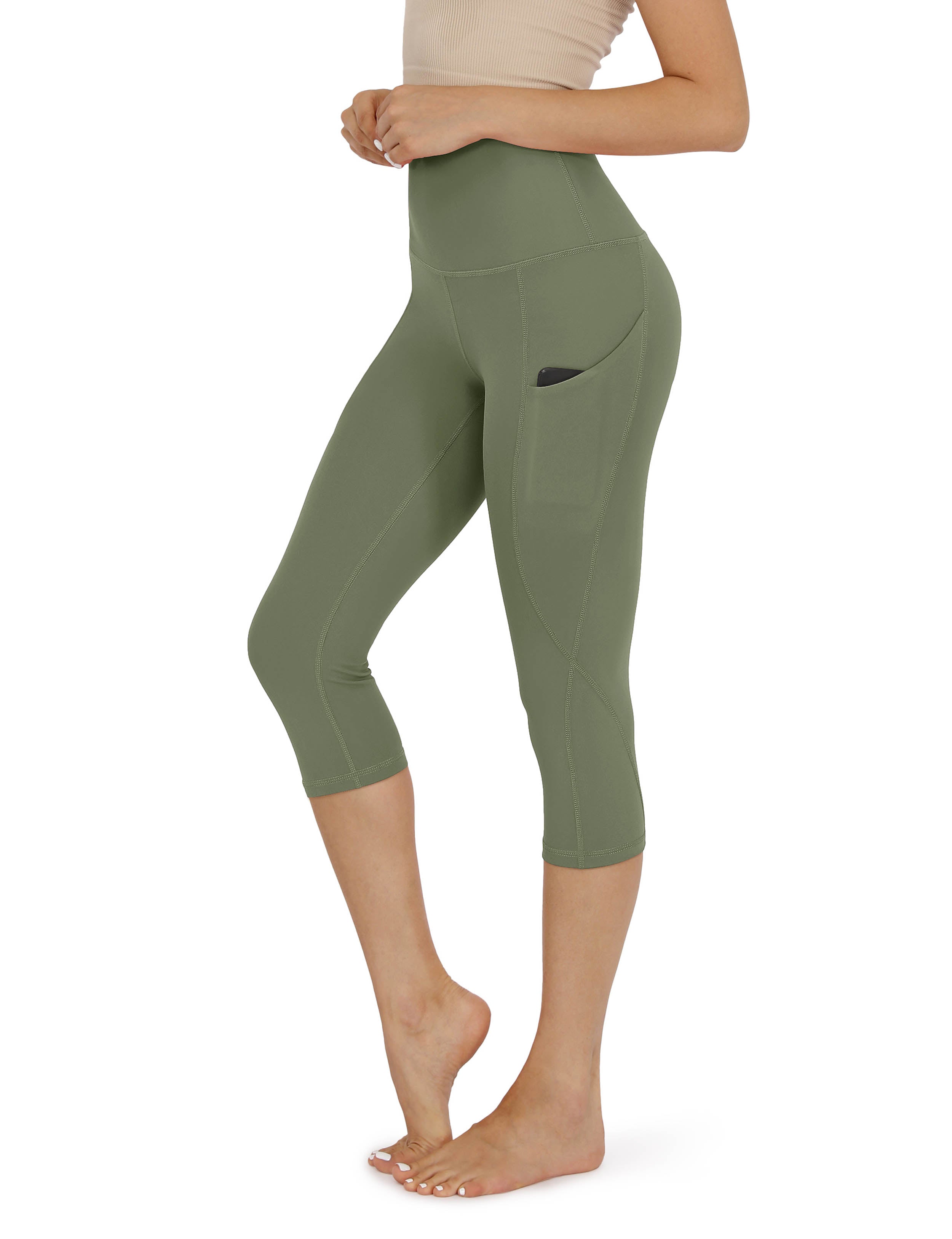 19" High Waist Yoga Capris with Pockets Dark Olive - ododos