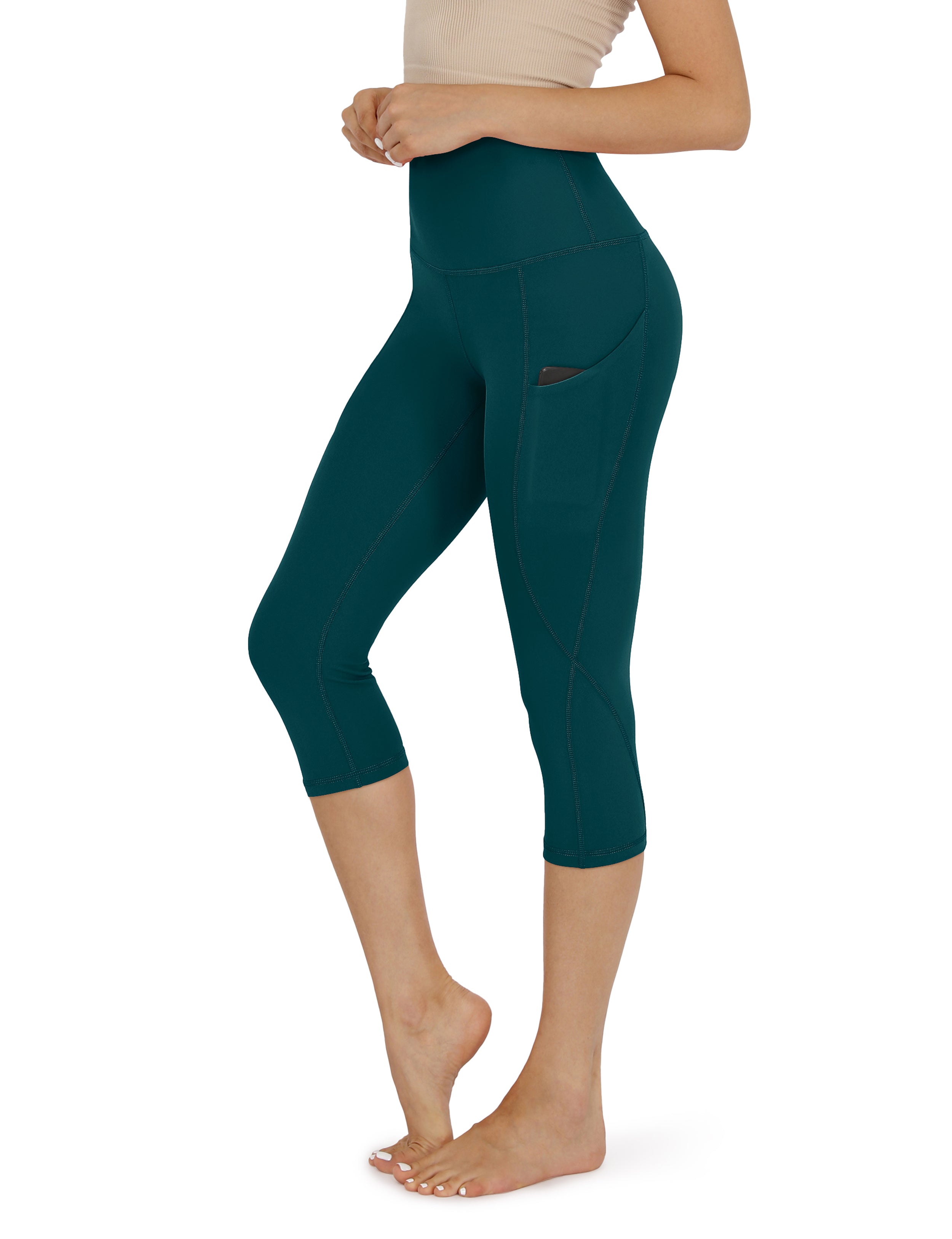 19" High Waist Yoga Capris with Pockets Forest Teal - ododos