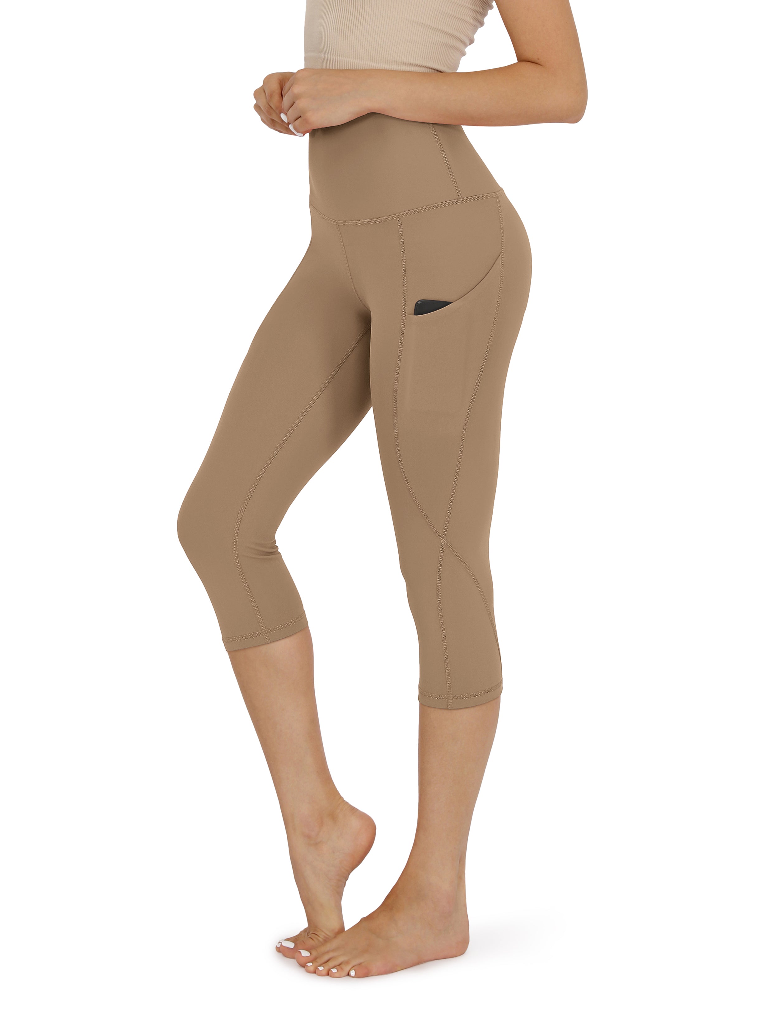 19" High Waist Yoga Capris with Pockets Light Brown - ododos