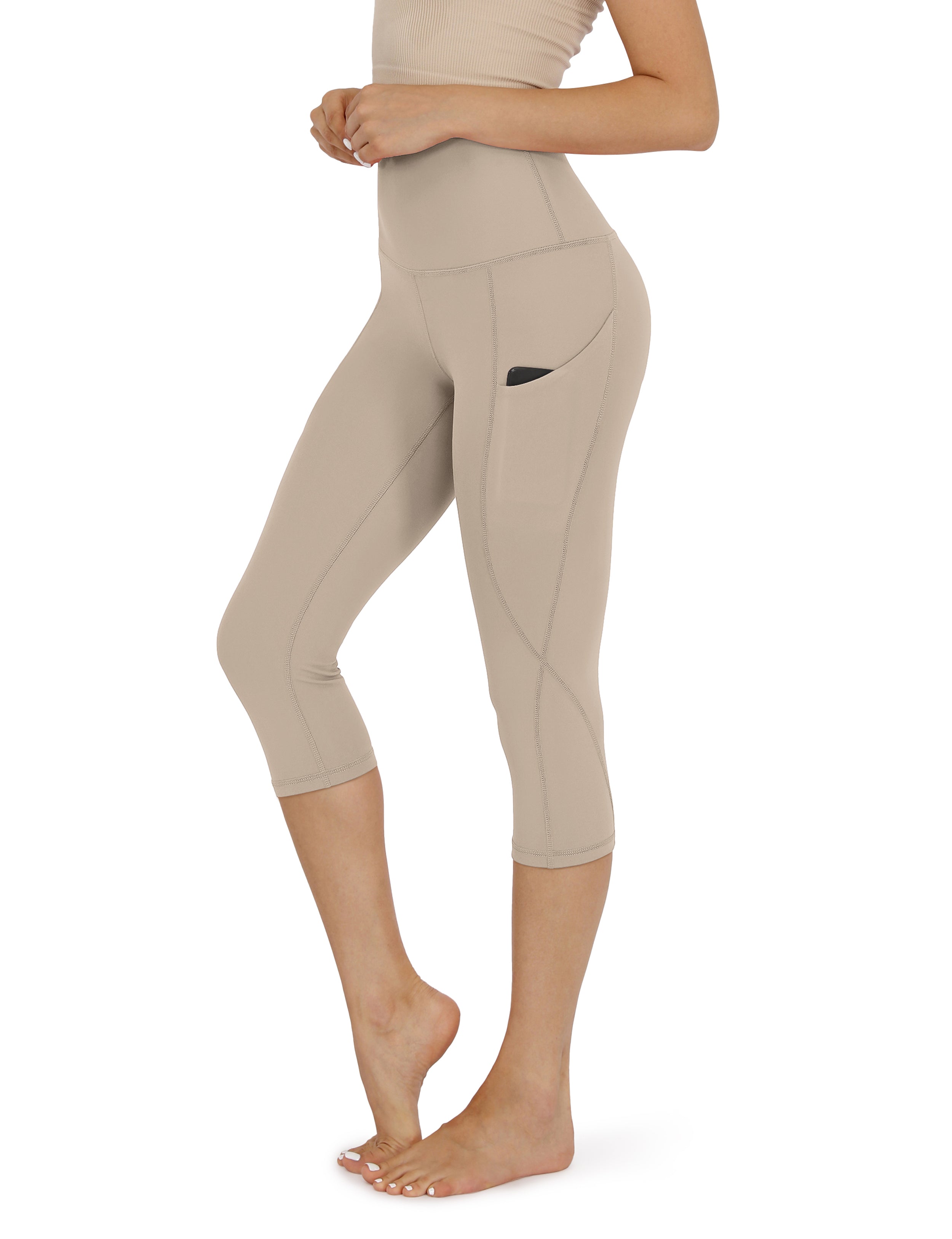 19" High Waist Yoga Capris with Pockets Shaker Beige - ododos