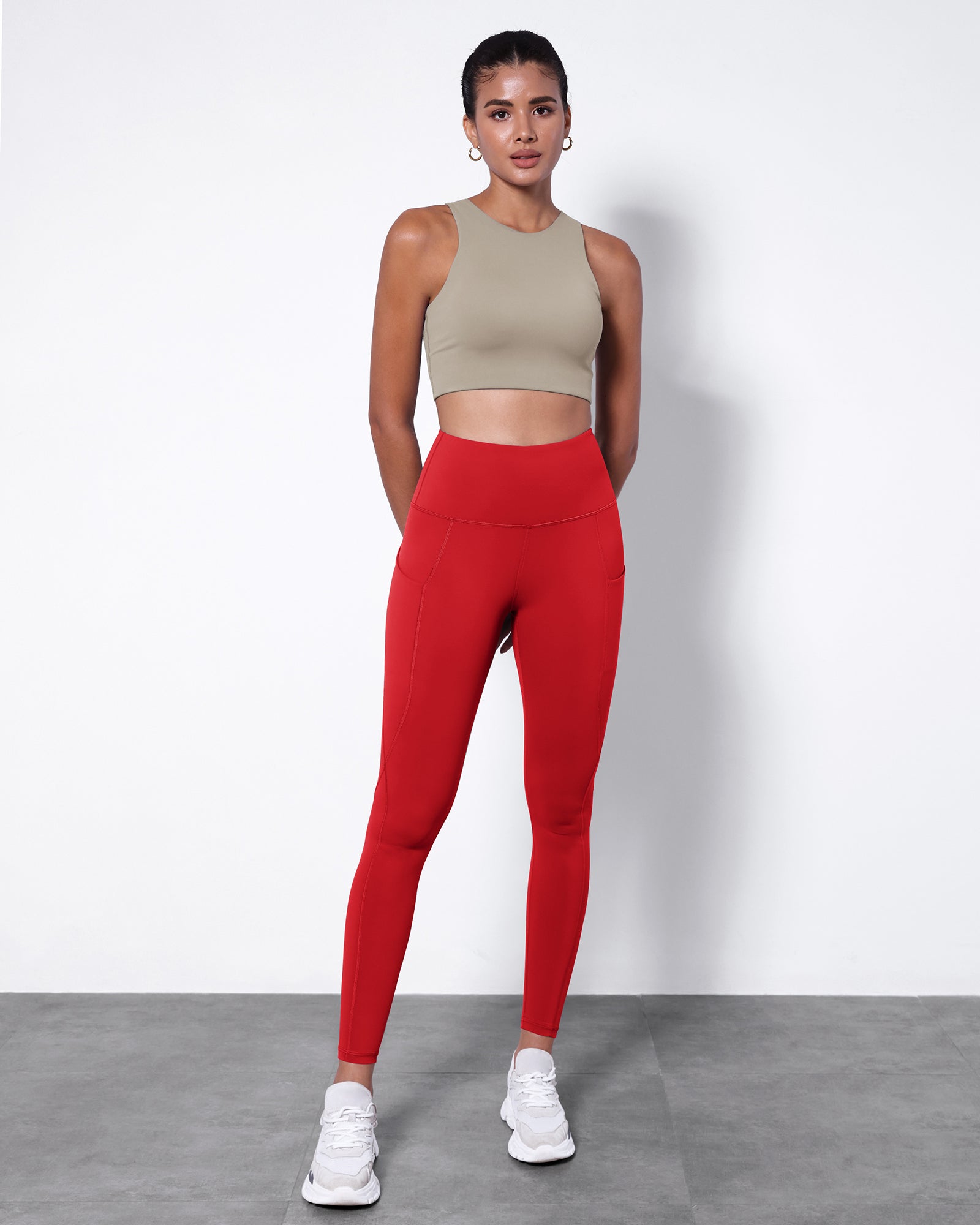 7/8 High Waist Sports Leggings with Pockets Red - ododos