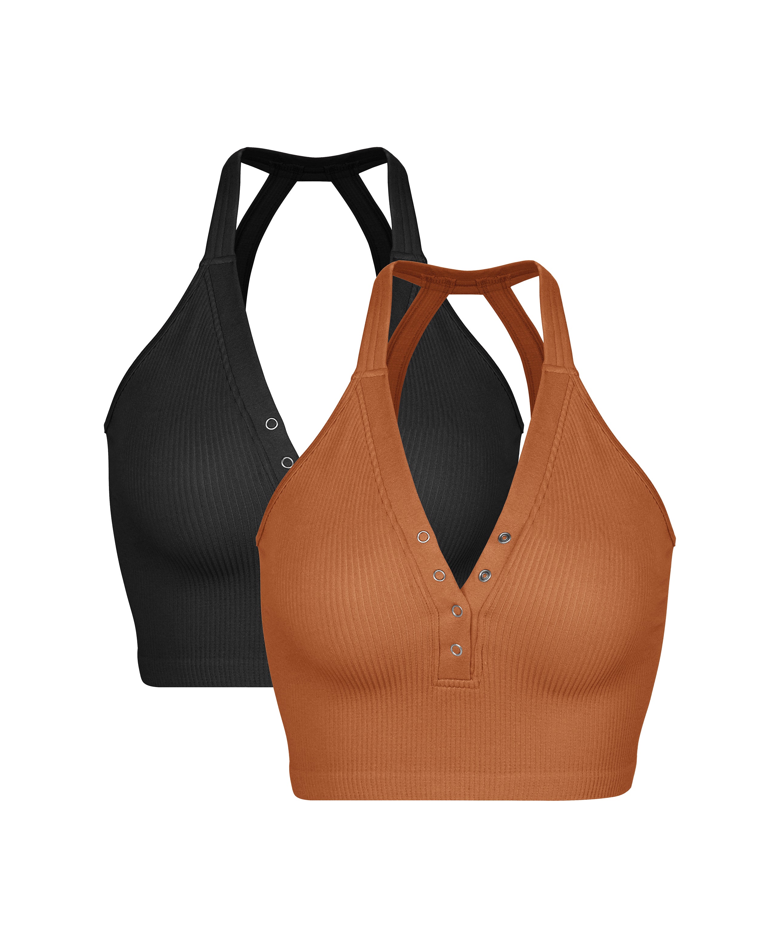 2-Pack Seamless Henley Crop Tops Black+Clay - ododos