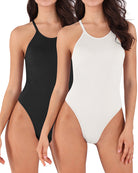 Seamless Ribbed Sexy Sleeveless Bodysuit Black+White Strappy - ododos
