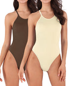 Seamless Ribbed Sexy Sleeveless Bodysuit Oatmeal+Brunette Strappy - ododos