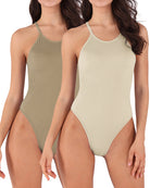 Seamless Ribbed Sexy Sleeveless Bodysuit Taupe+Mushroom Strappy - ododos