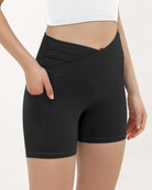 5" Cross Waist Sports Workout Biker Shorts Black - ododos