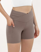 5" Cross Waist Sports Workout Biker Shorts Purple Taupe - ododos