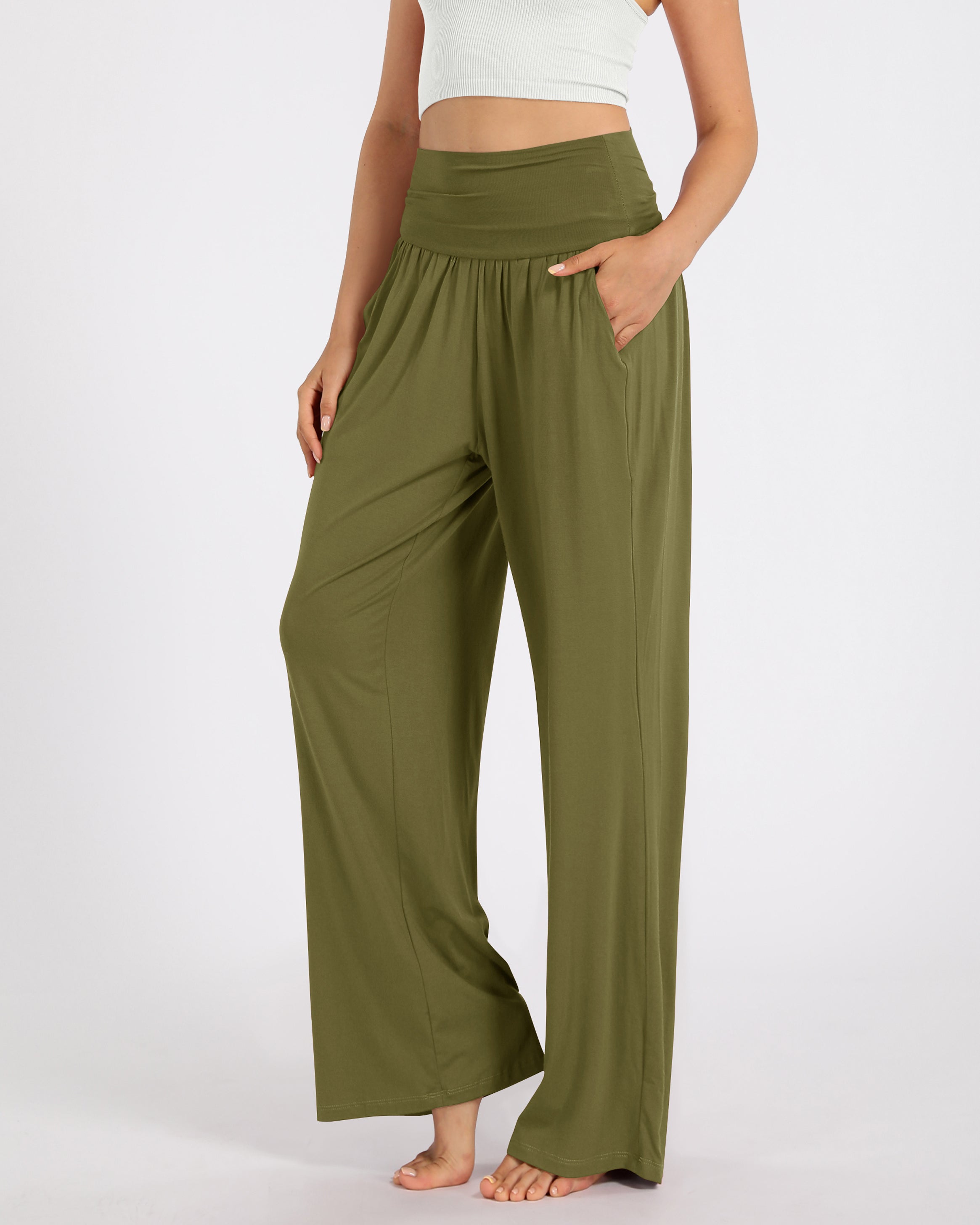 28" Wide Leg Palazzo Loose Comfy Lounge Pants with Pockets Army - ododos