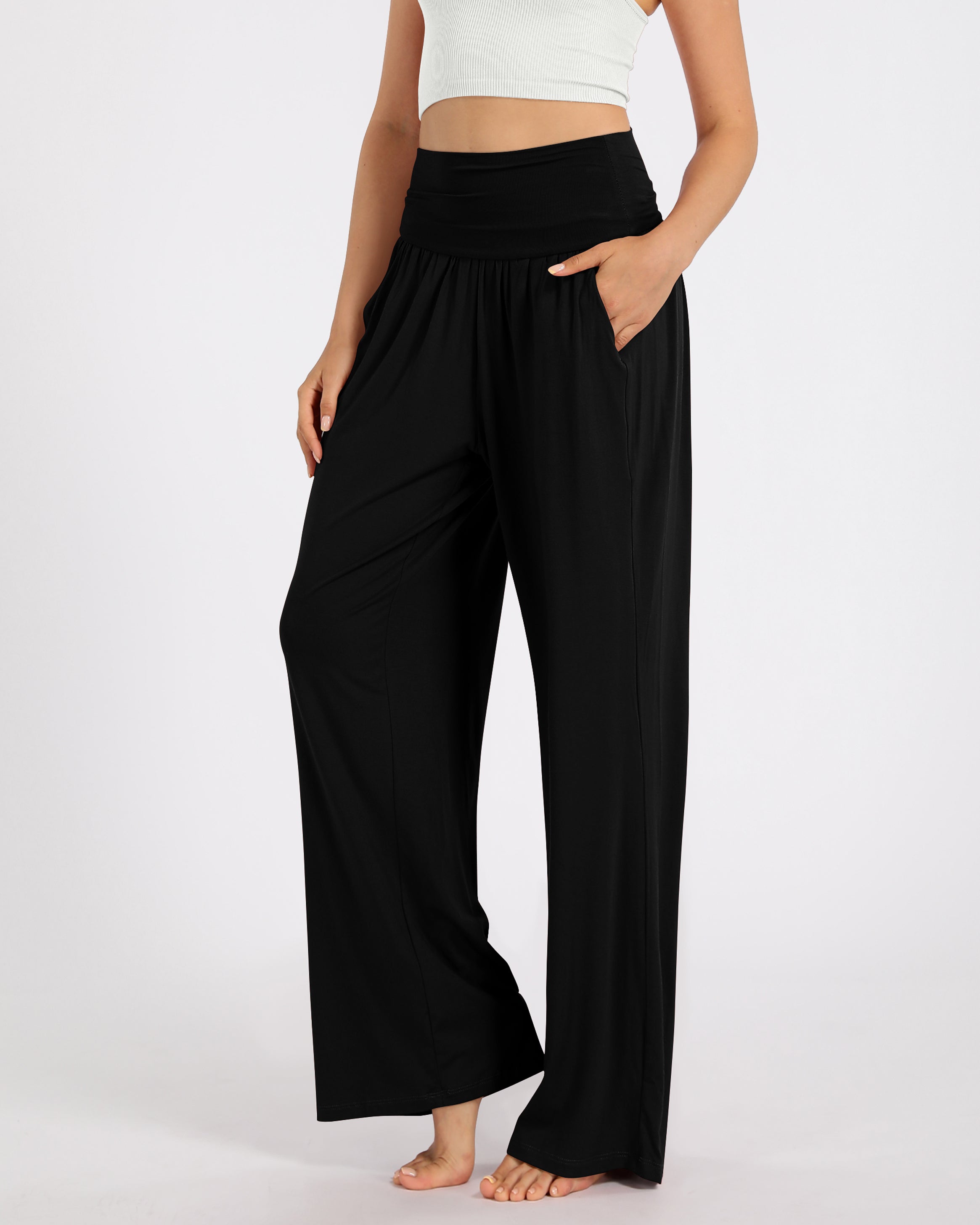 28" Wide Leg Palazzo Loose Comfy Lounge Pants with Pockets Black - ododos
