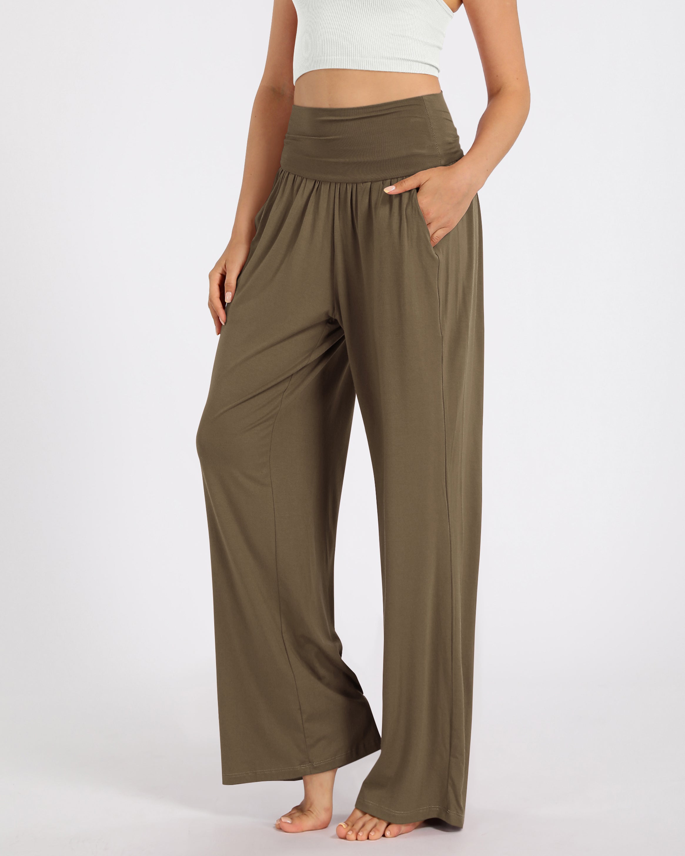28" Wide Leg Palazzo Loose Comfy Lounge Pants with Pockets Brownie - ododos
