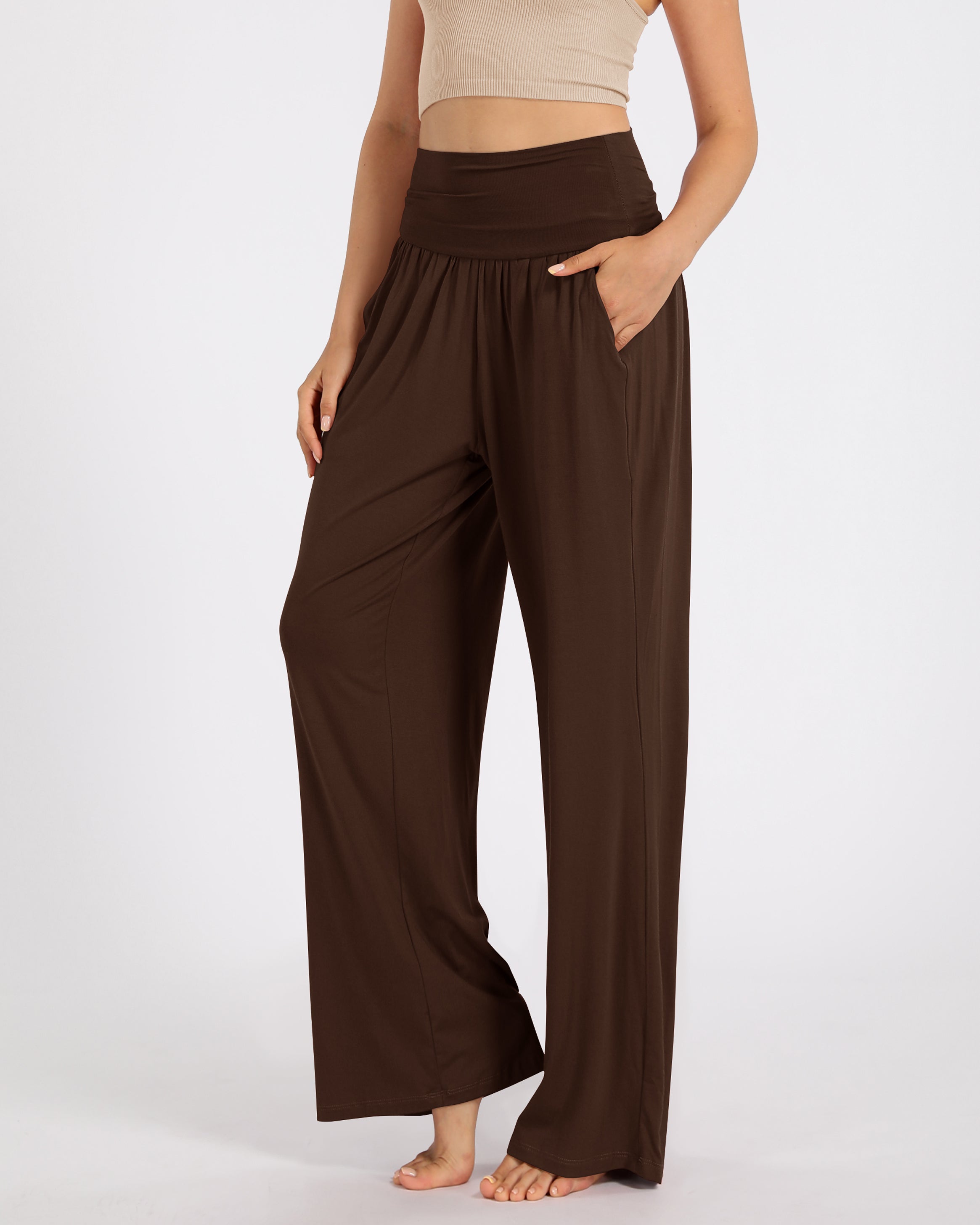 28" Wide Leg Palazzo Loose Comfy Lounge Pants with Pockets Chocolate - ododos
