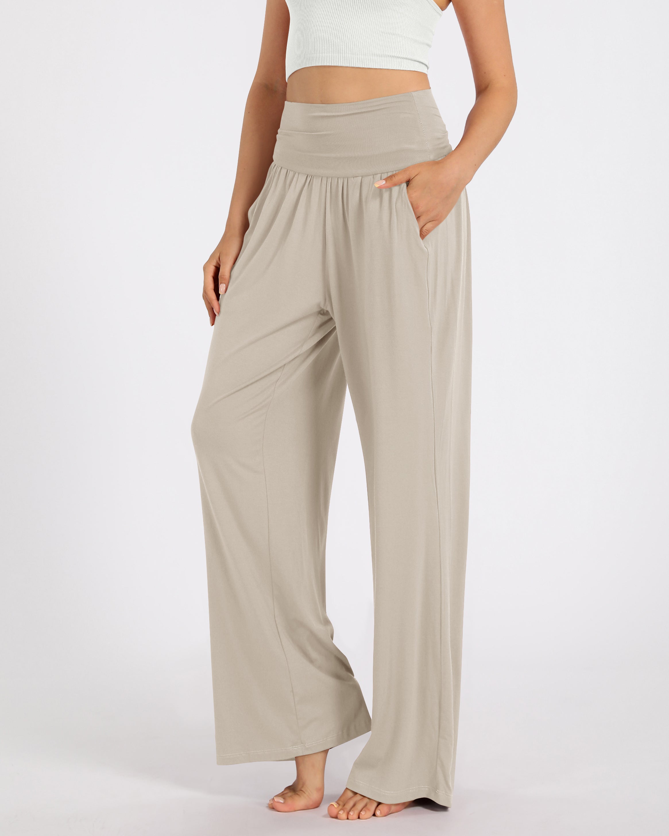 28" Wide Leg Palazzo Loose Comfy Lounge Pants with Pockets Light Beige - ododos