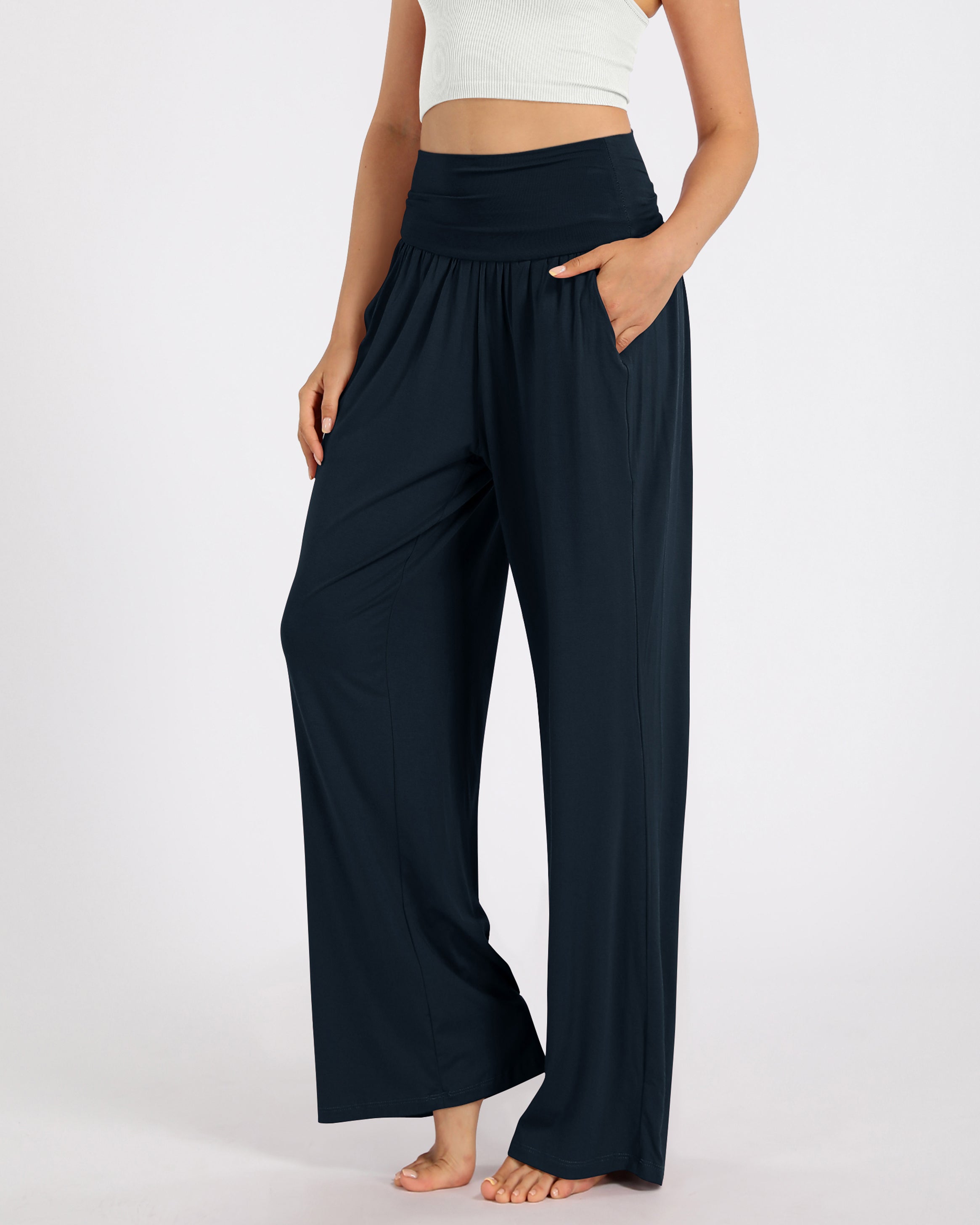 28" Wide Leg Palazzo Loose Comfy Lounge Pants with Pockets Midnight - ododos