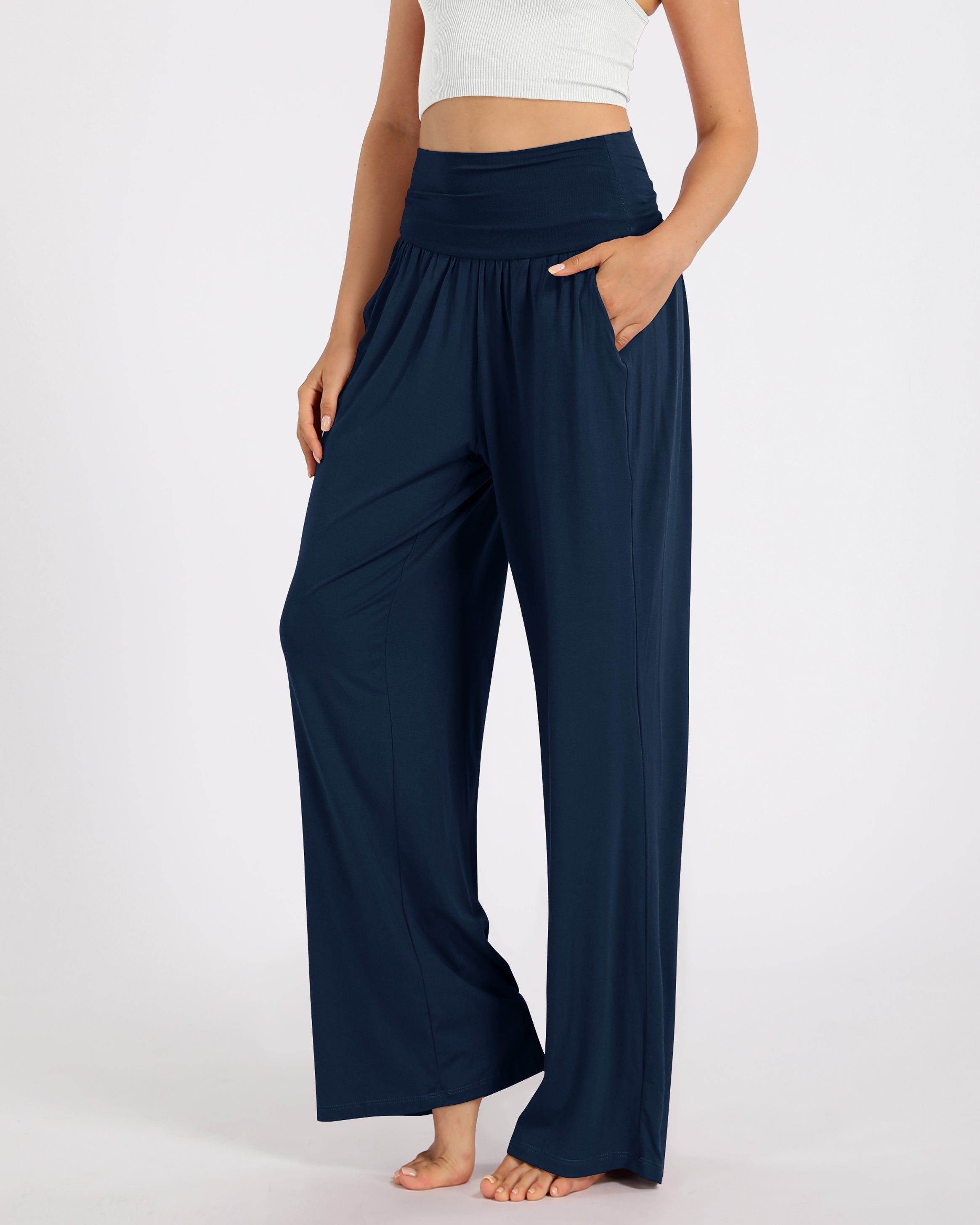 Wide Leg Lounge Pants with Pockets Navy - ododos