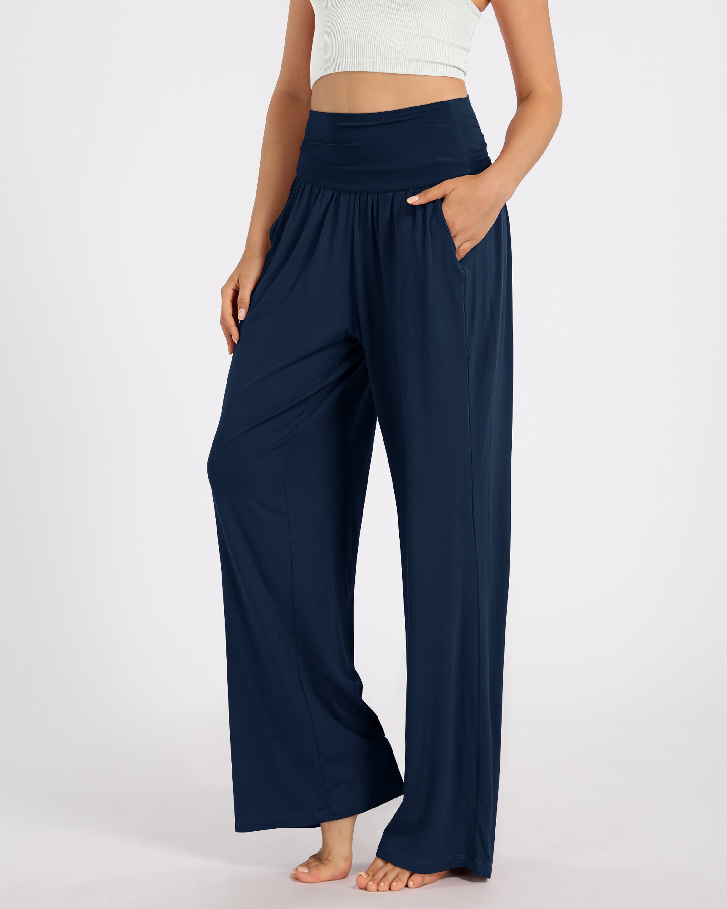28" Wide Leg Palazzo Loose Comfy Lounge Pants with Pockets Navy - ododos