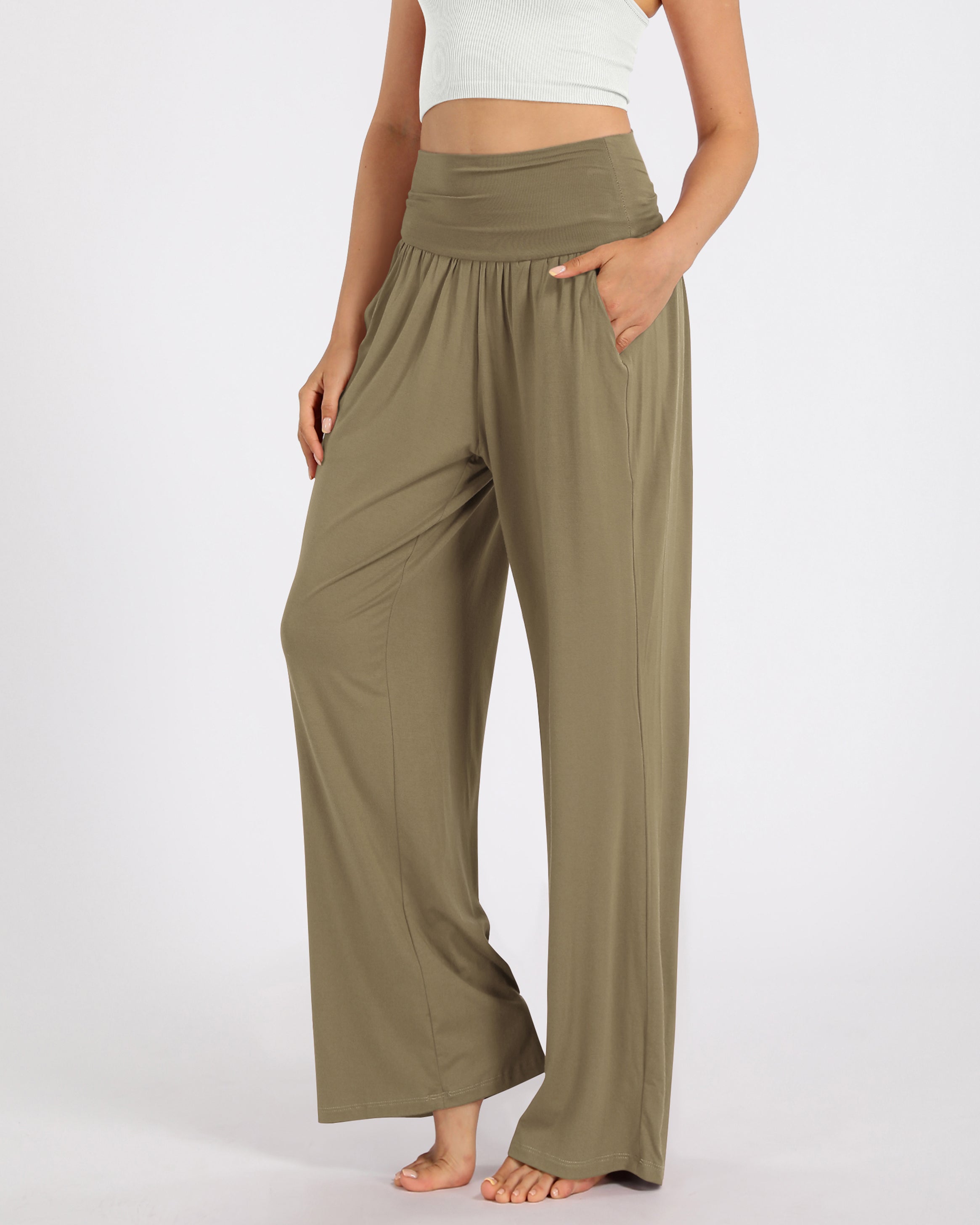 28" Wide Leg Palazzo Loose Comfy Lounge Pants with Pockets Peanut - ododos