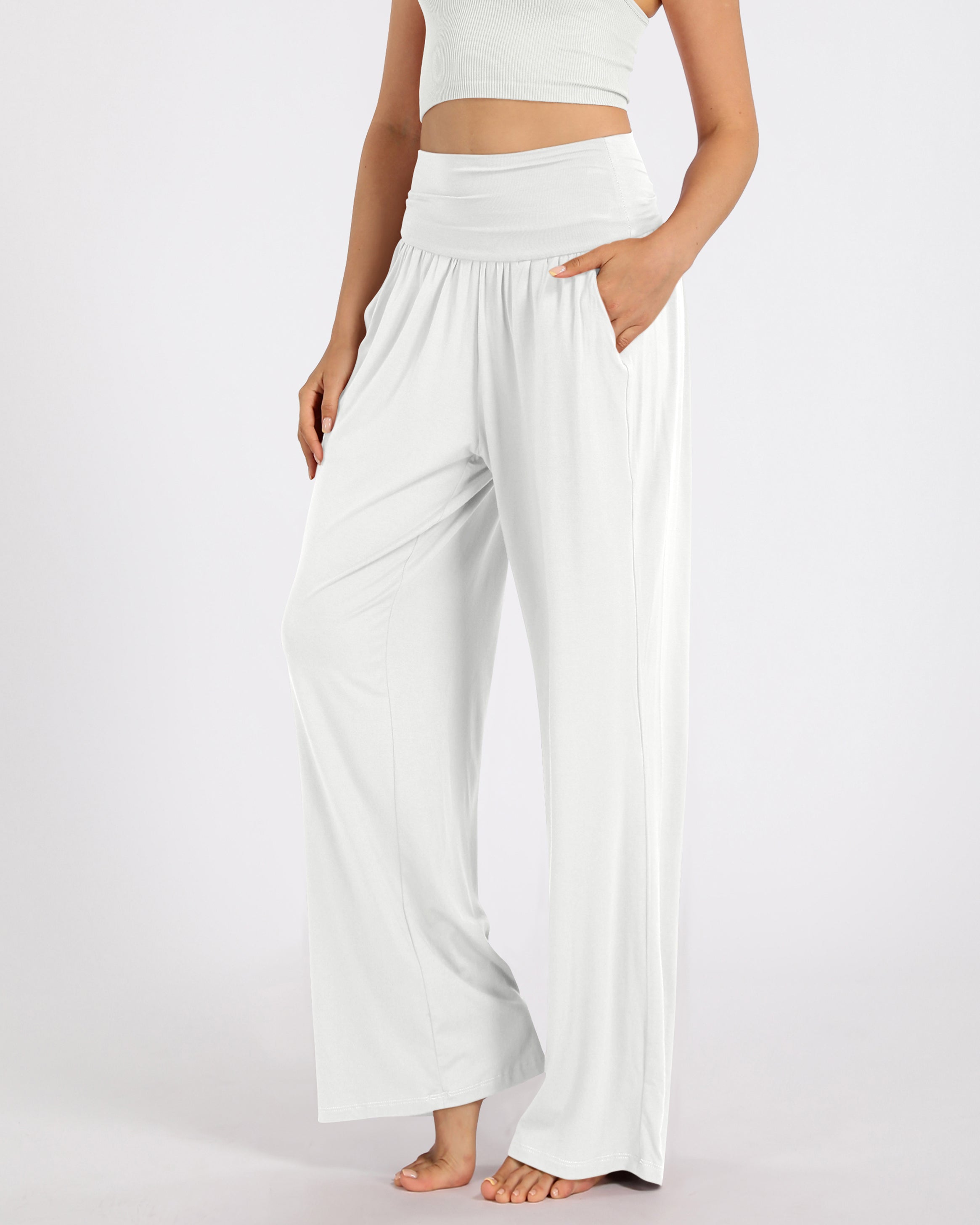28" Wide Leg Palazzo Loose Comfy Lounge Pants with Pockets White - ododos