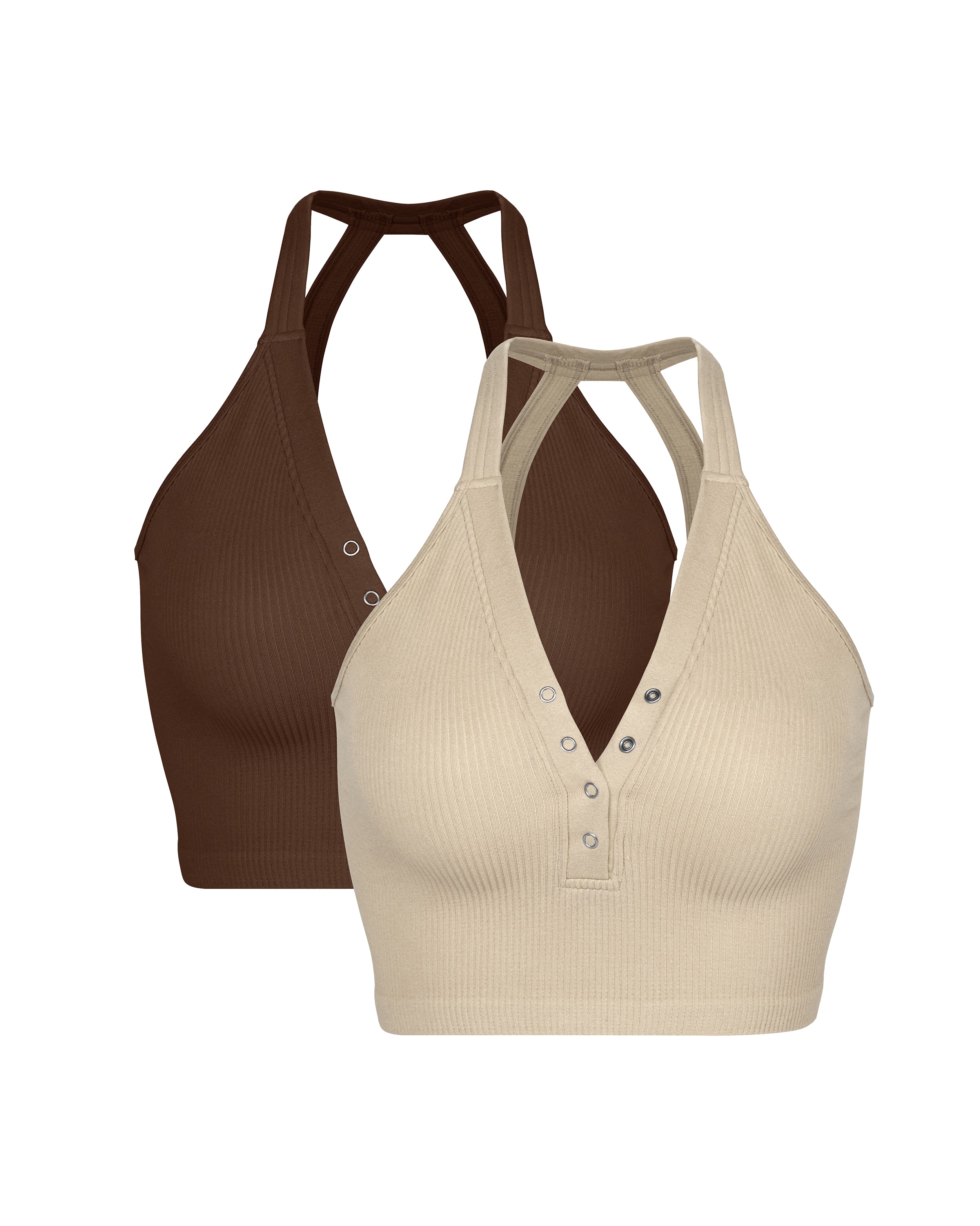 2-Pack Seamless Henley Crop Tops Mushroom+Brunette - ododos