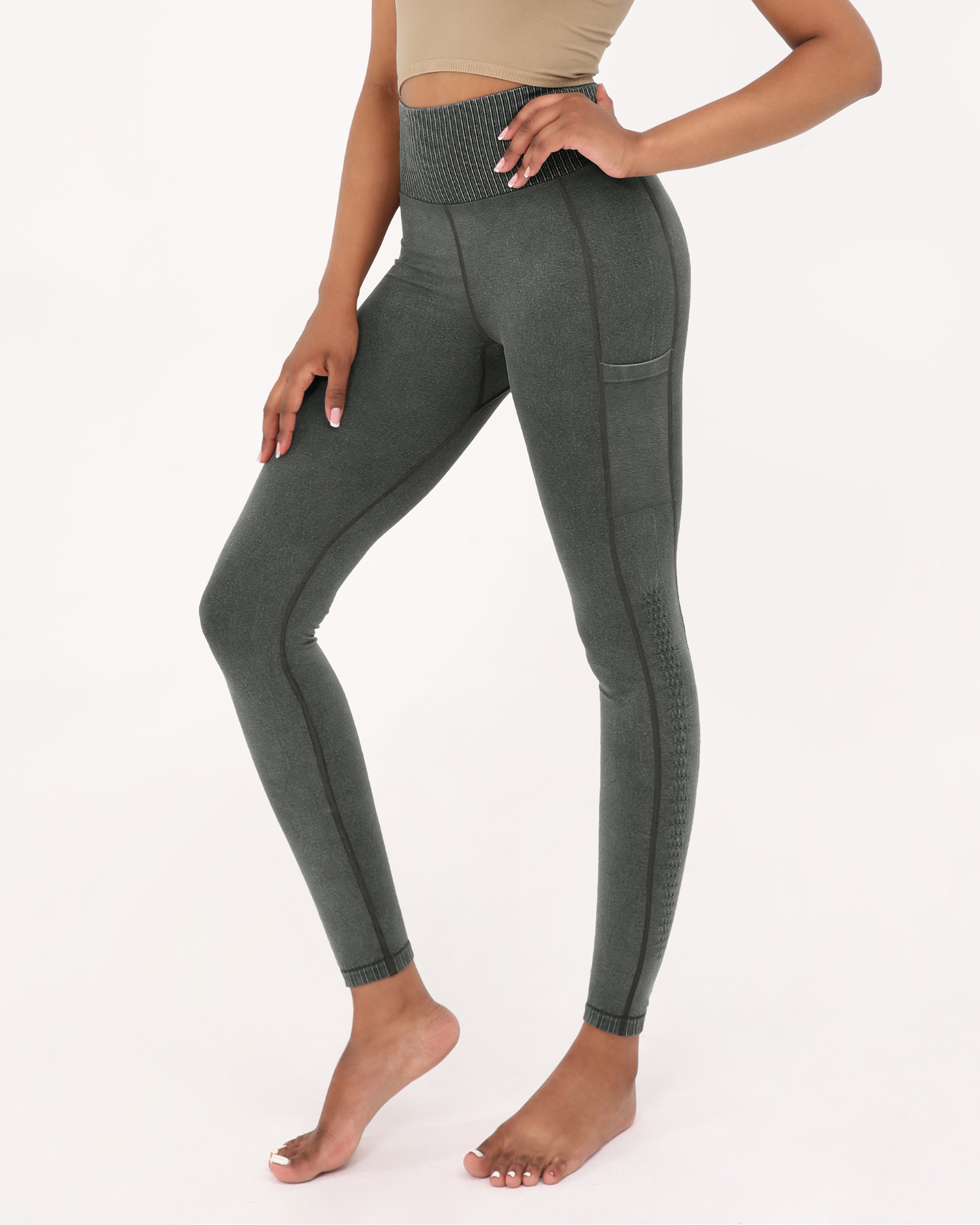 7/8 High Waisted Ribbed Leggings Charcoal - ododos