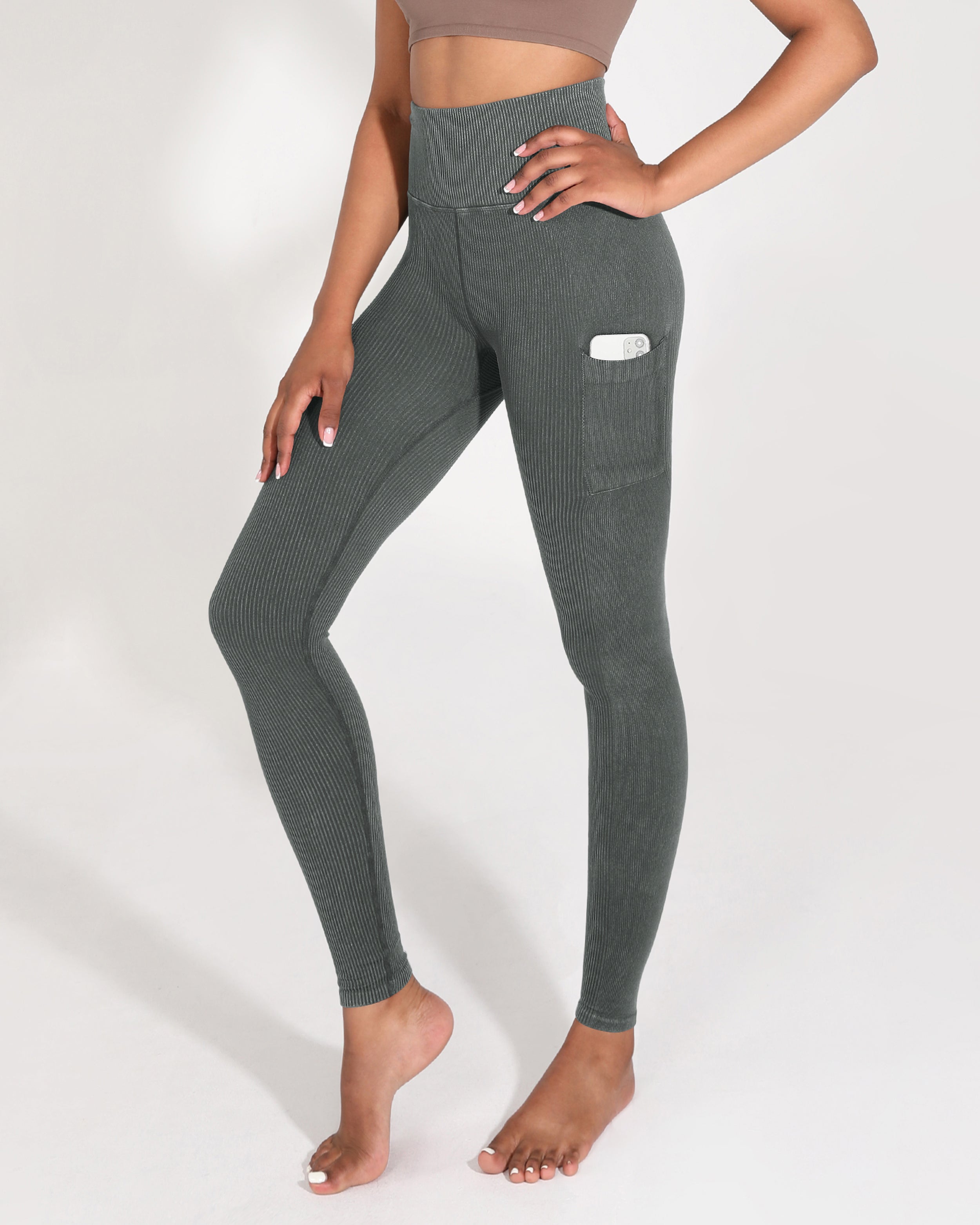 High Waist Seamless Ribbed Leggings with Pockets Charcoal - ododos