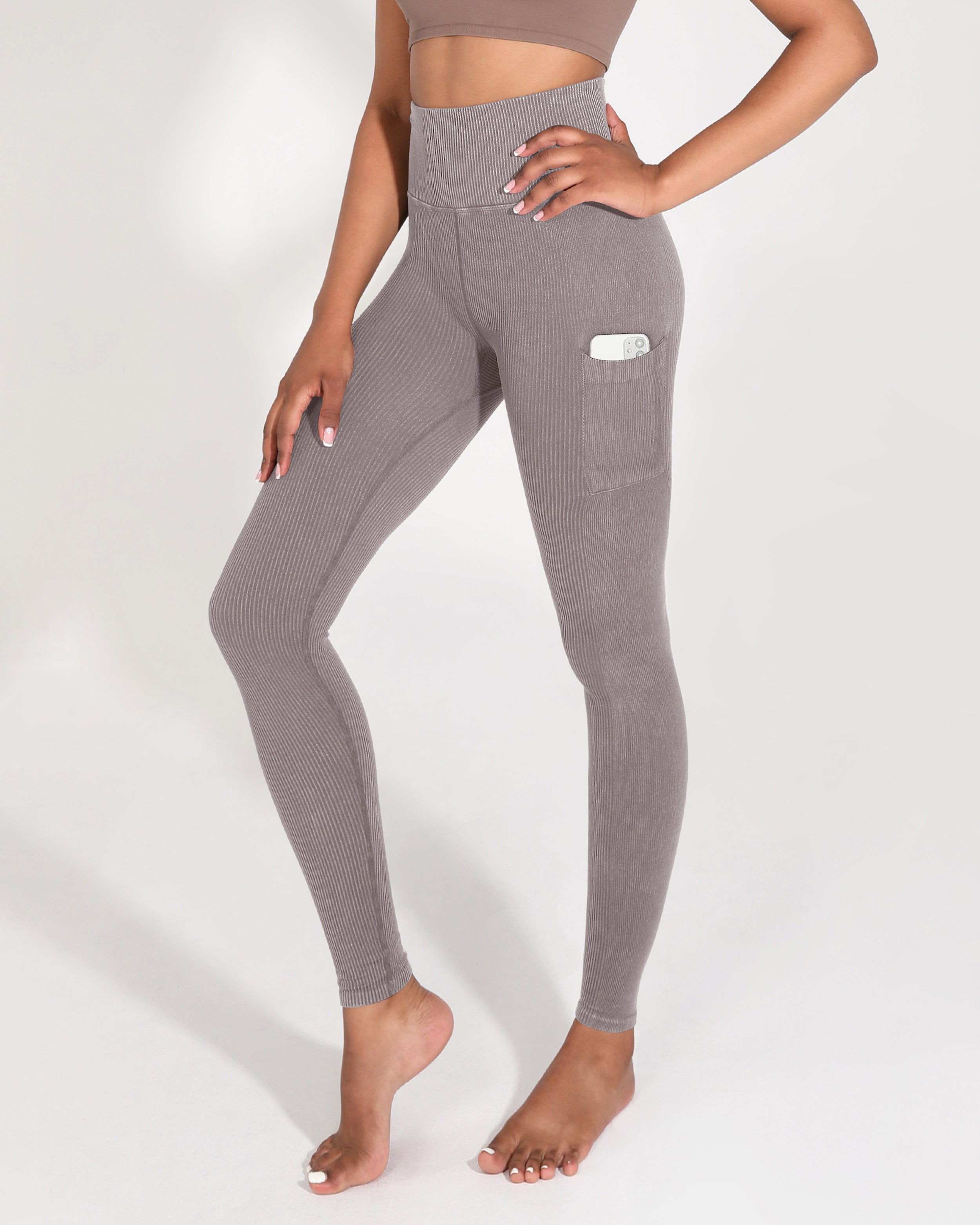 High Waist Seamless Ribbed Leggings with Pockets Dusty Orchid - ododos