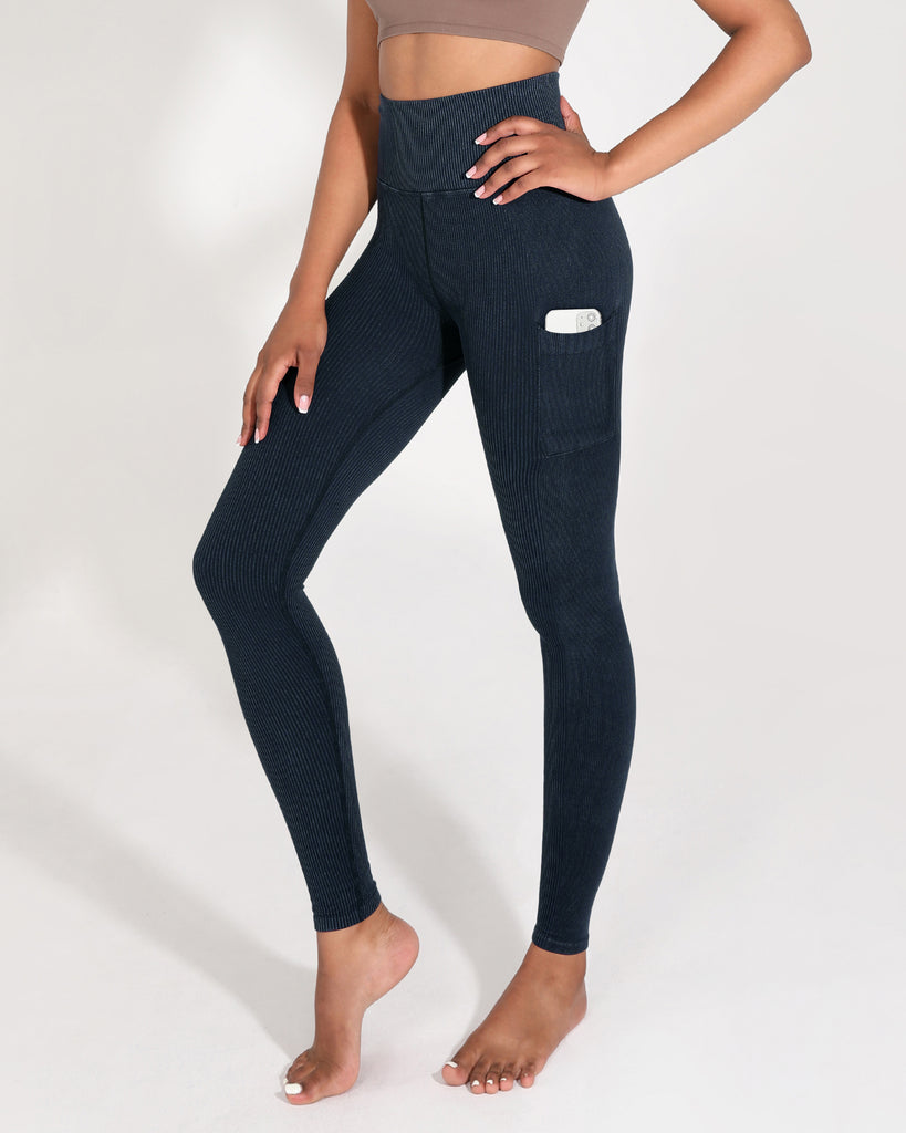 High Waist Seamless Ribbed Leggings with Pockets