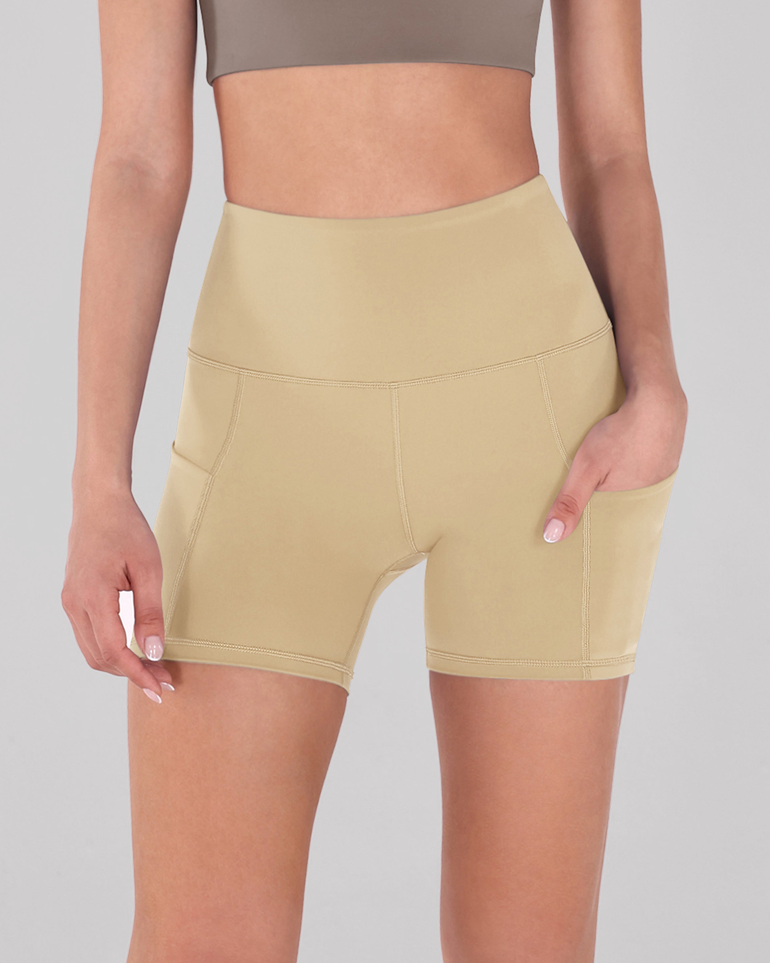 5" High Waist Tummy Control Shorts with Pockets Beige - ododos