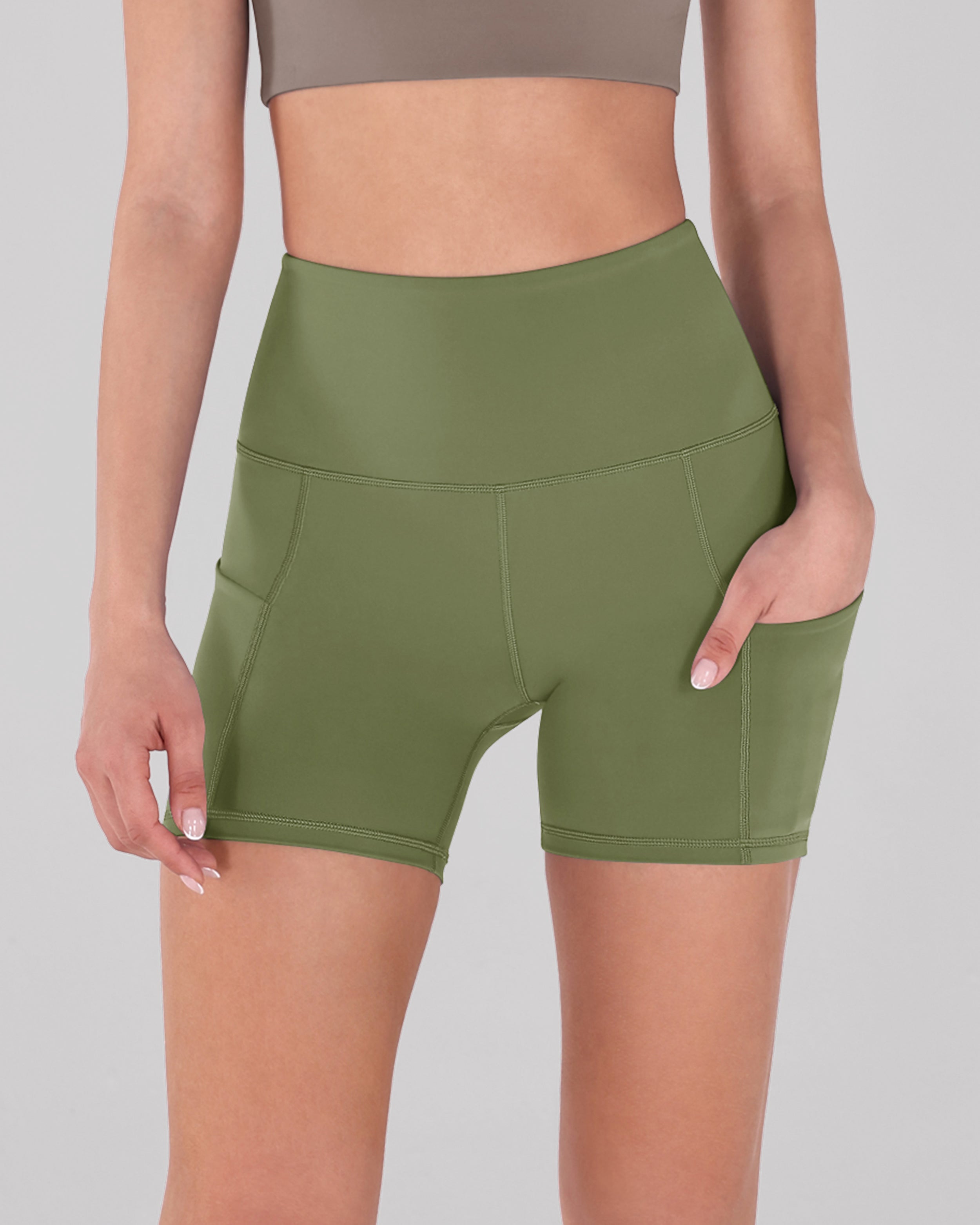 5" High Waist Tummy Control Shorts with Pockets Dark Olive - ododos