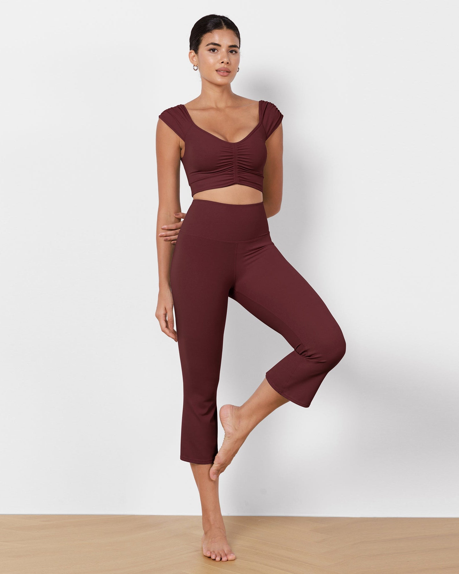 High Waisted Split-Hem Bootcut Lounge Yoga Pants Burgundy 21 inches - ododos