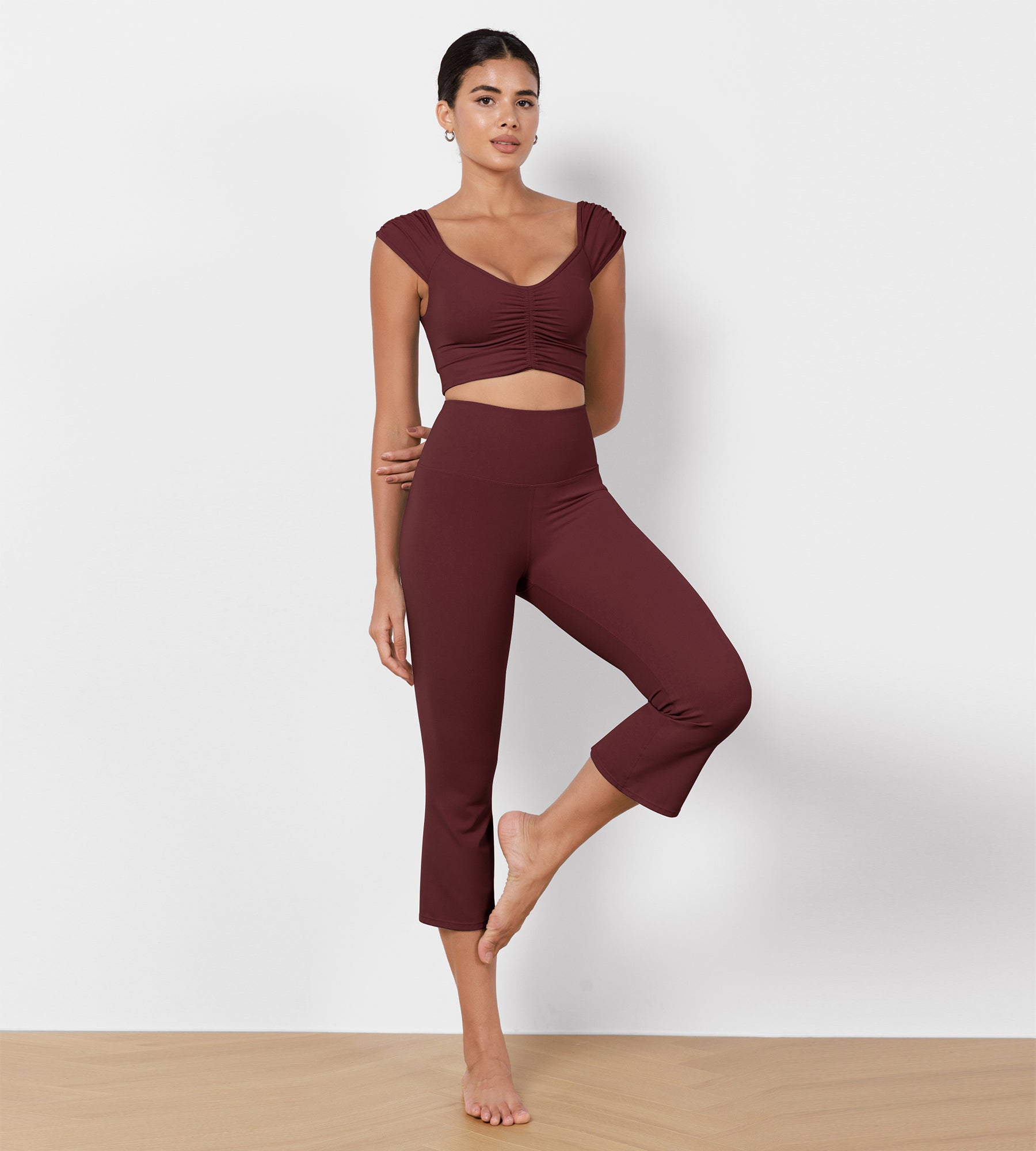 High Waisted Split-Hem Bootcut Lounge Yoga Pants Burgundy 21 inches - ododos