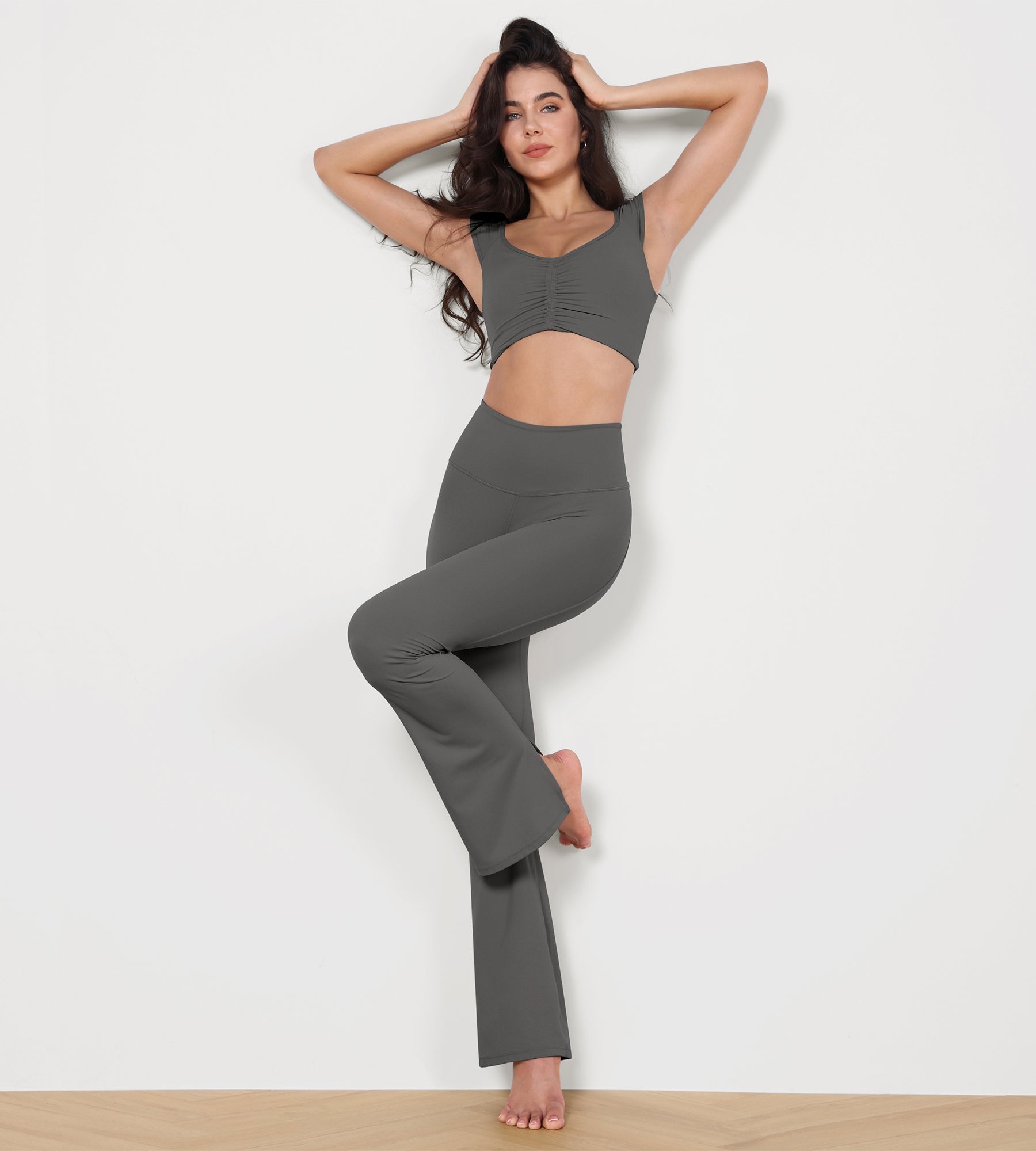 High Waisted Split-Hem Bootcut Lounge Yoga Pants Charcoal 29 inches - ododos