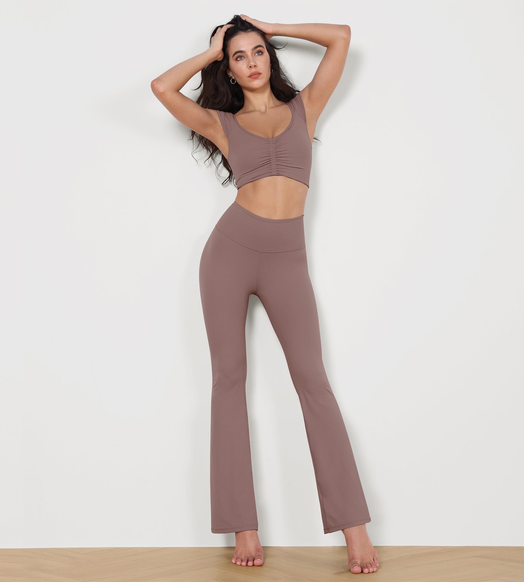 High Waisted Split-Hem Bootcut Lounge Yoga Pants Purple Taupe 29 inches - ododos