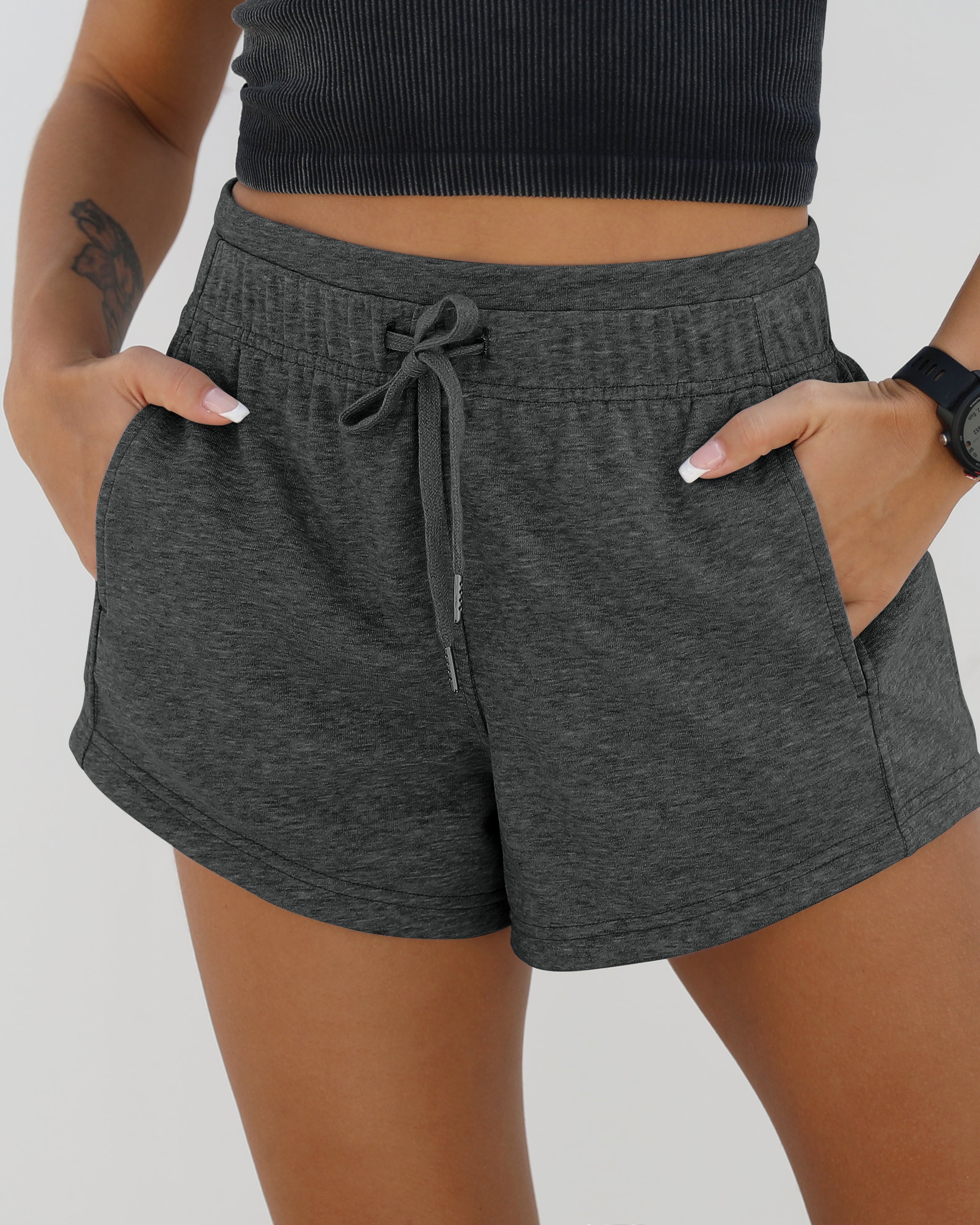 Cotton Terry Drawstring Workout Shorts Charcoal Heather - ododos