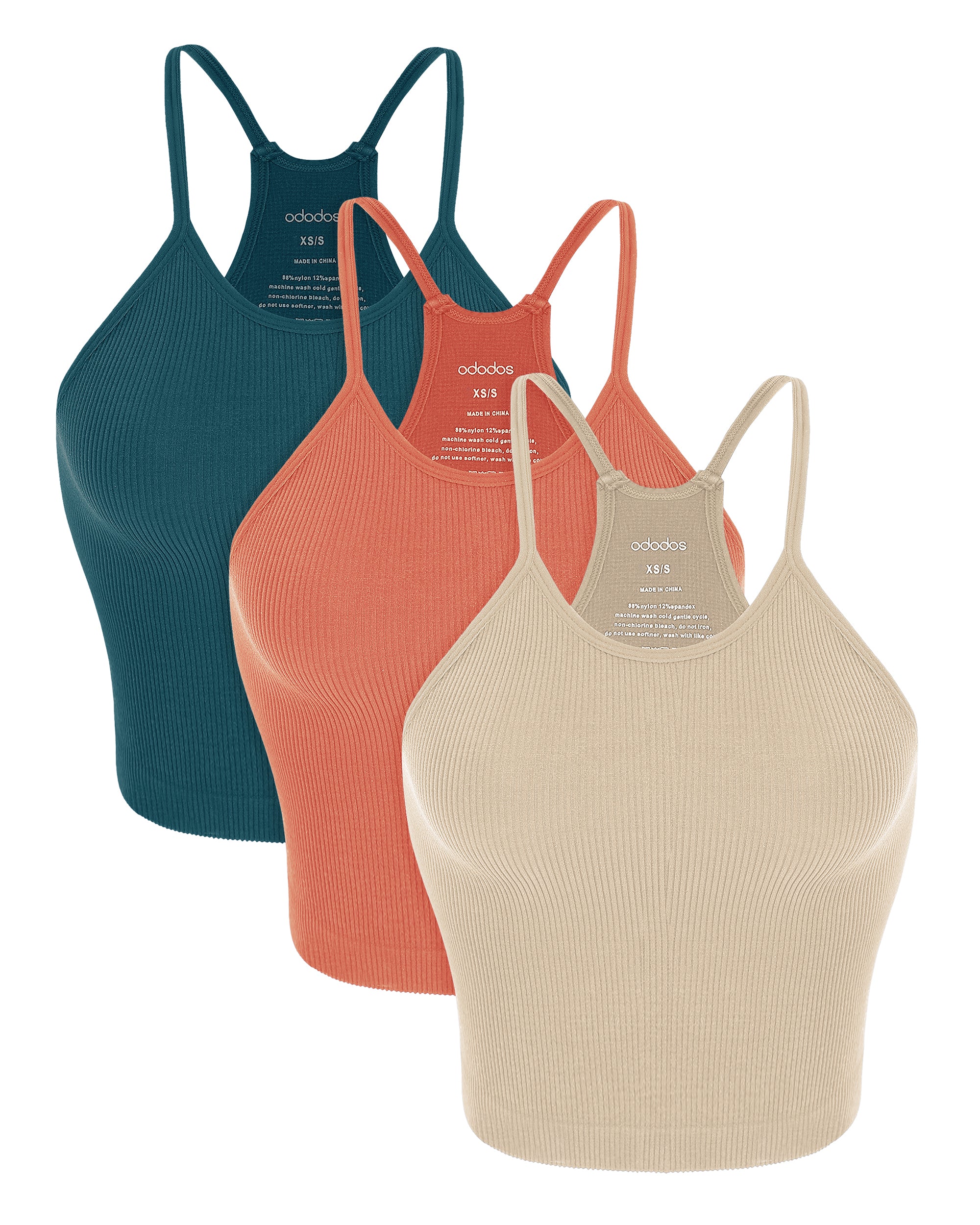 3-Pack Seamless Rib-Knit Camisole Beige+Coral+Teal - ododos