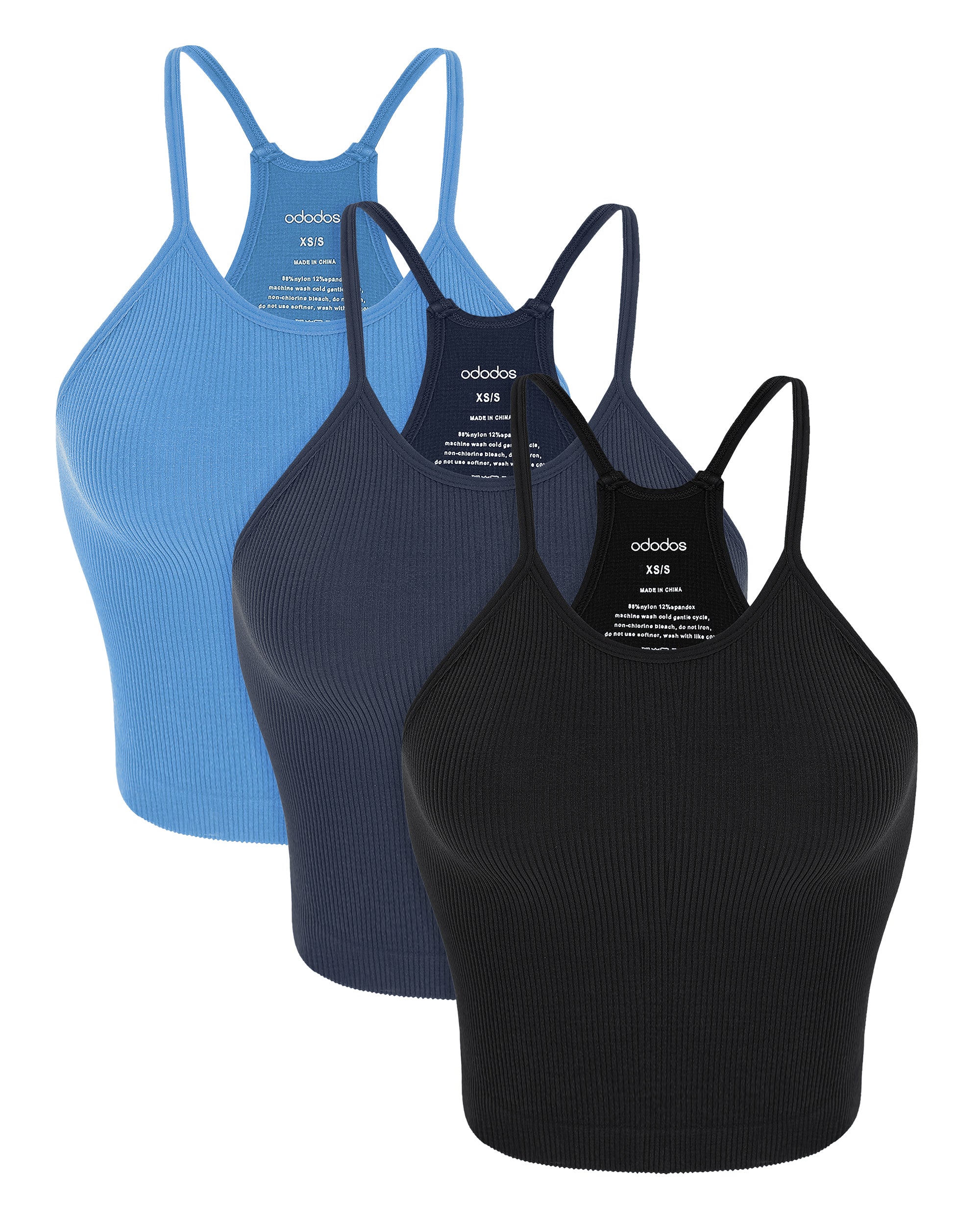 3-Pack Seamless Rib-Knit Camisole Black+Navy+Blue - ododos