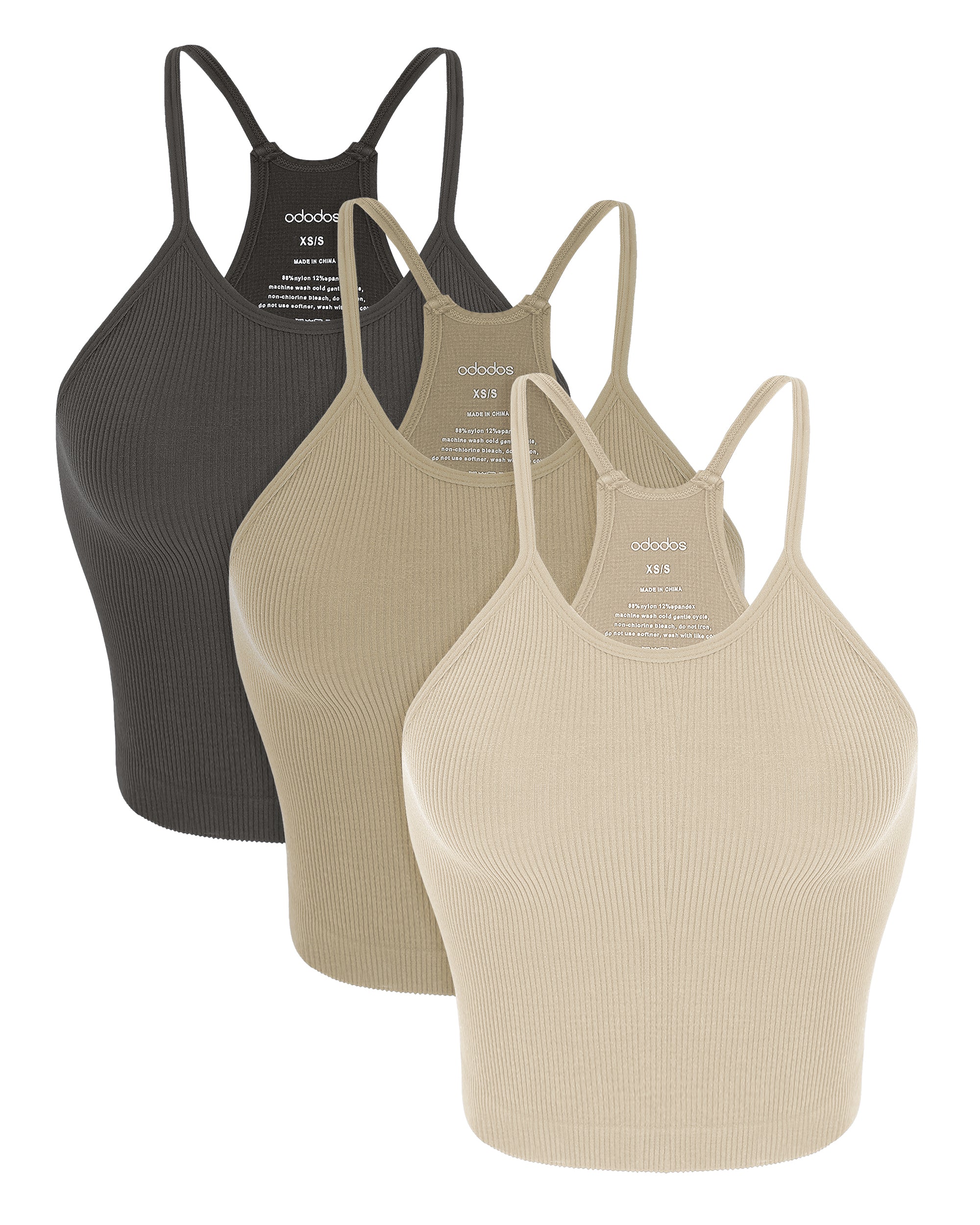 3-Pack Seamless Rib-Knit Camisole Mushroom+Taupe+Charcoal - ododos