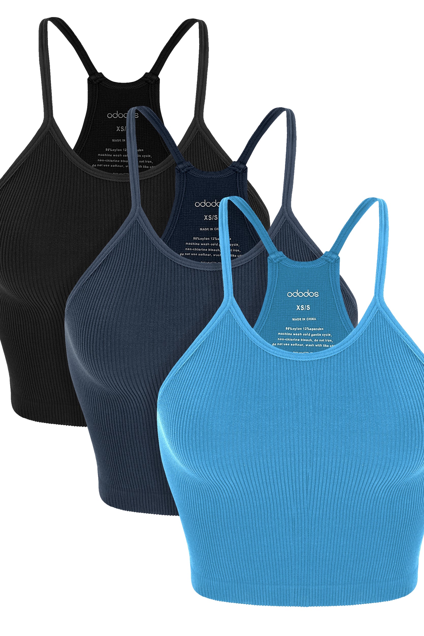 3-Pack Seamless Ribbed Crop Camisole Black+Navy+Blue - ododos