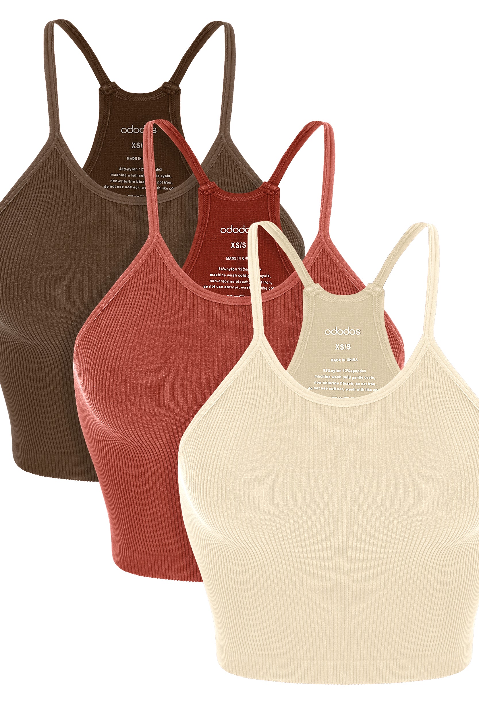 3-Pack Seamless Ribbed Crop Camisole Oatmeal+BarnRed+Brunette - ododos