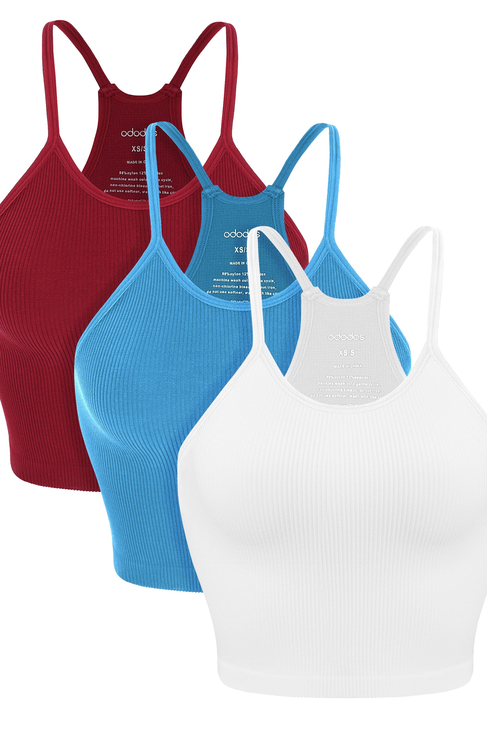 3-Pack Seamless Ribbed Crop Camisole White+Blue+Red - ododos