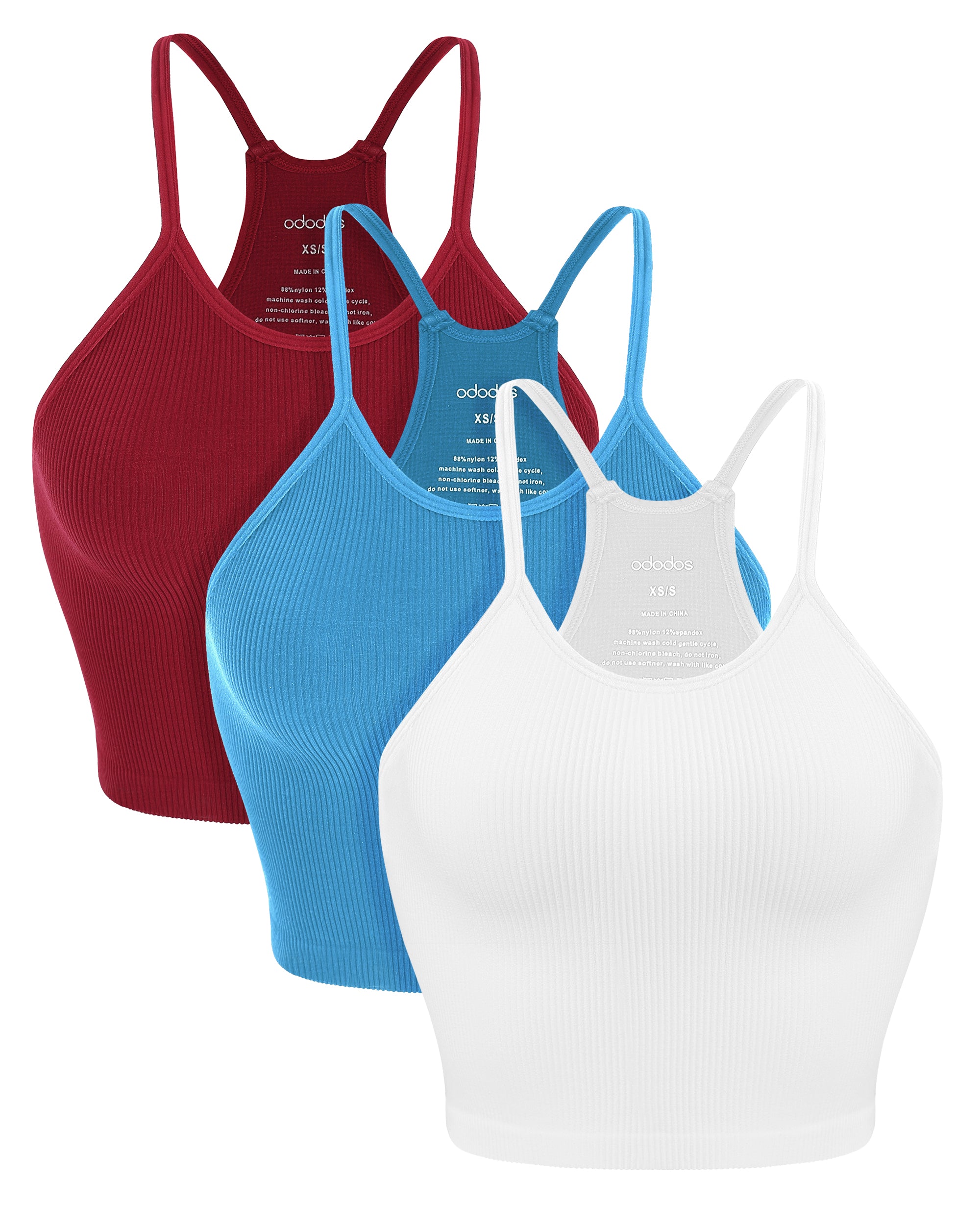 3-Pack Seamless Ribbed Crop Camisole White+Blue+Red - ododos